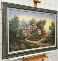 Vintage Oil Painting of Fantasy Cottage in the Woods with Flowers & Gardens