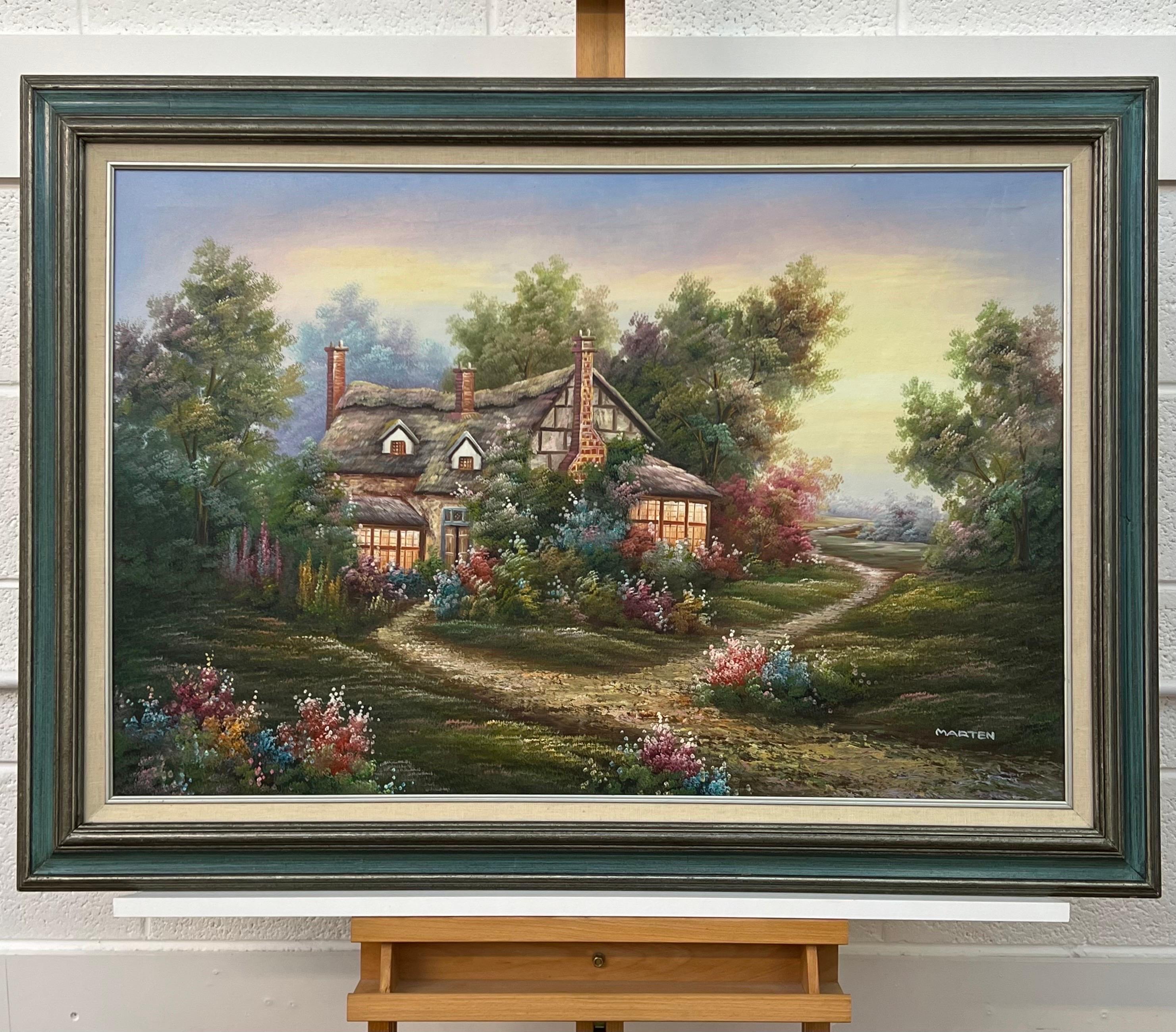 Vintage Ölgemälde von Fantasy Cottage in den Wäldern mit Blumen & Gärten (Surrealismus), Painting, von Marten