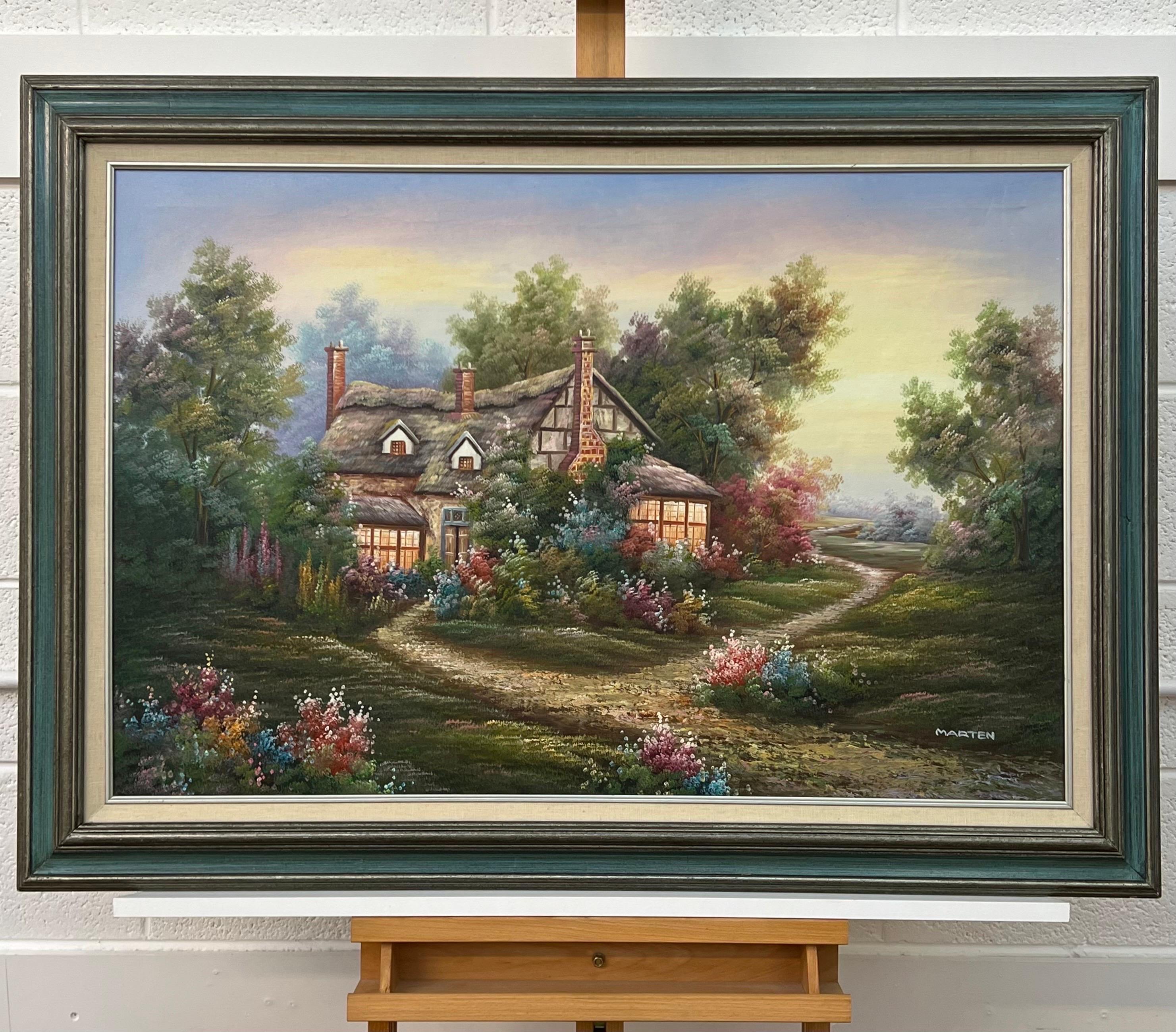 Pintura al Óleo Vintage de Cabaña de Fantasía en el Bosque con Flores y Jardines - Painting Surrealista de Marten