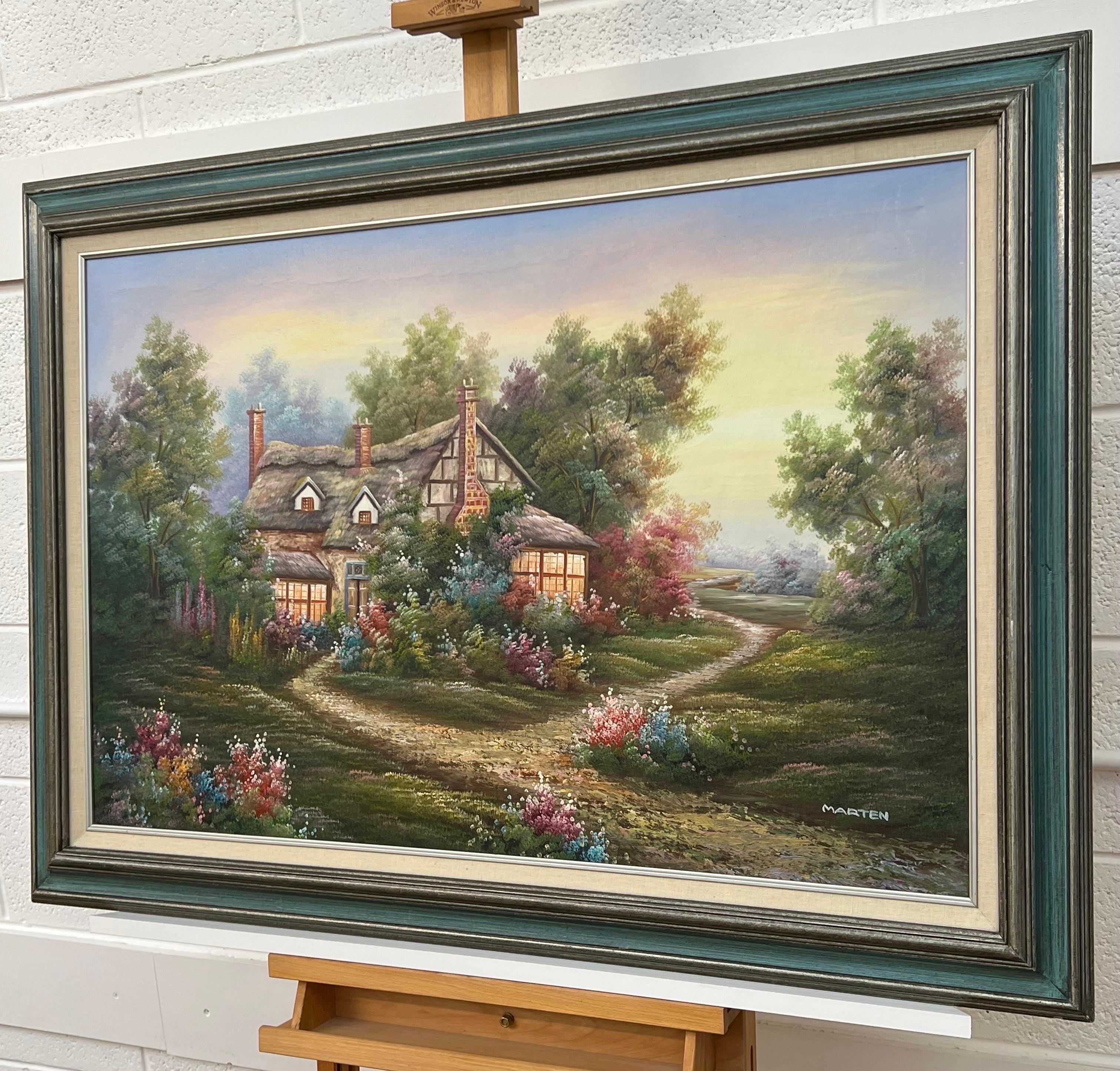 Vintage Ölgemälde von Fantasy Cottage in den Wäldern mit Blumen & Gärten 

Kunst misst 36 x 24 Zoll
Rahmen misst 40 x 28 Zoll 