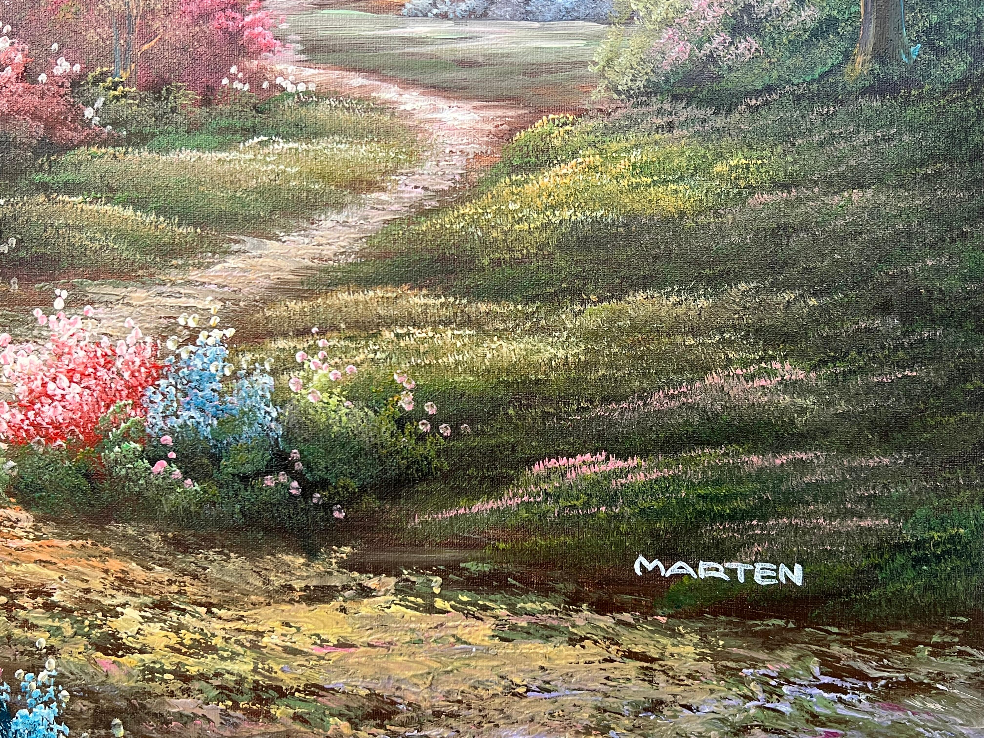 Vintage Ölgemälde von Fantasy Cottage in den Wäldern mit Blumen & Gärten im Angebot 1