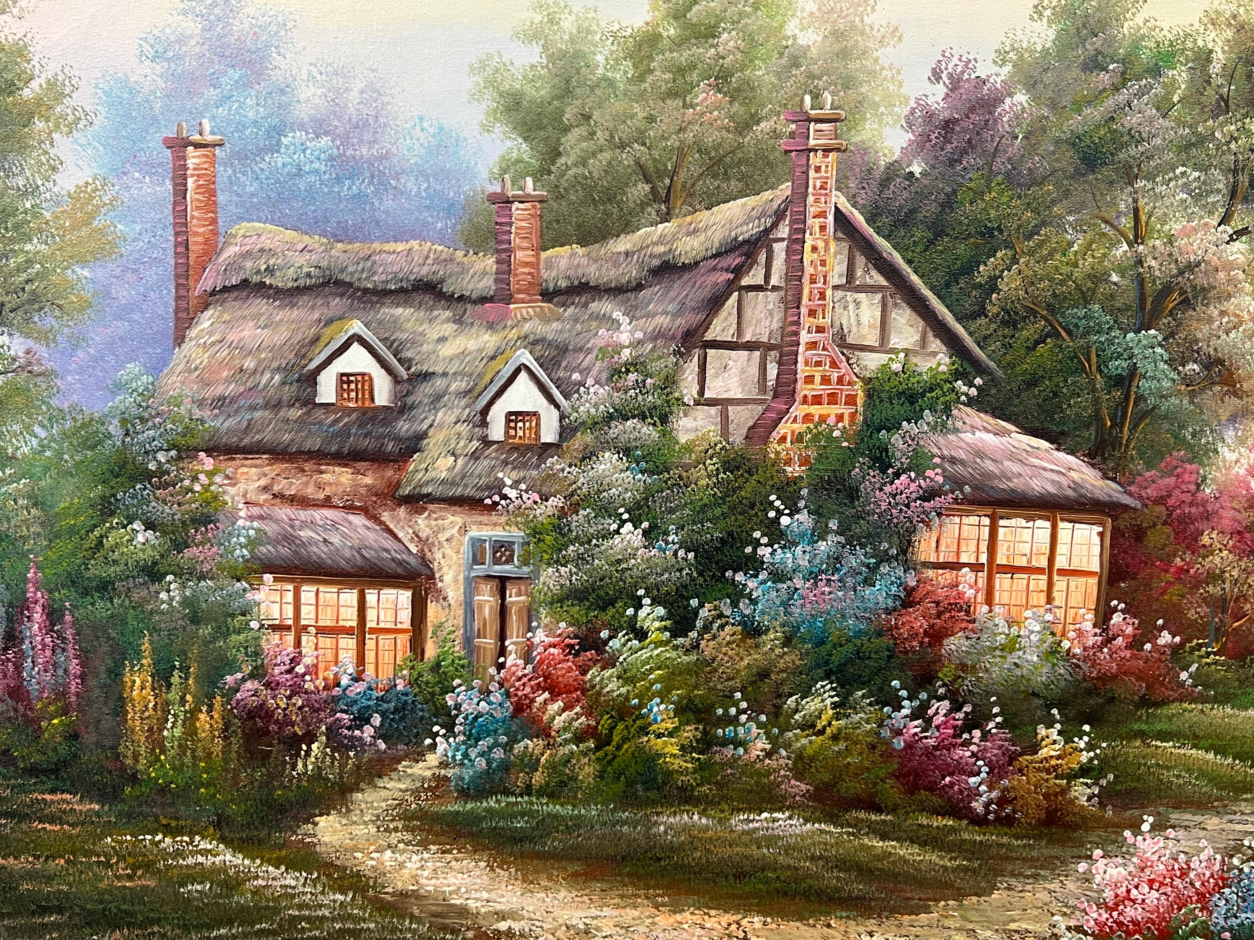 Vintage Oil Painting of Fantasy Cottage in the Woods with Flowers & Gardens For Sale 2