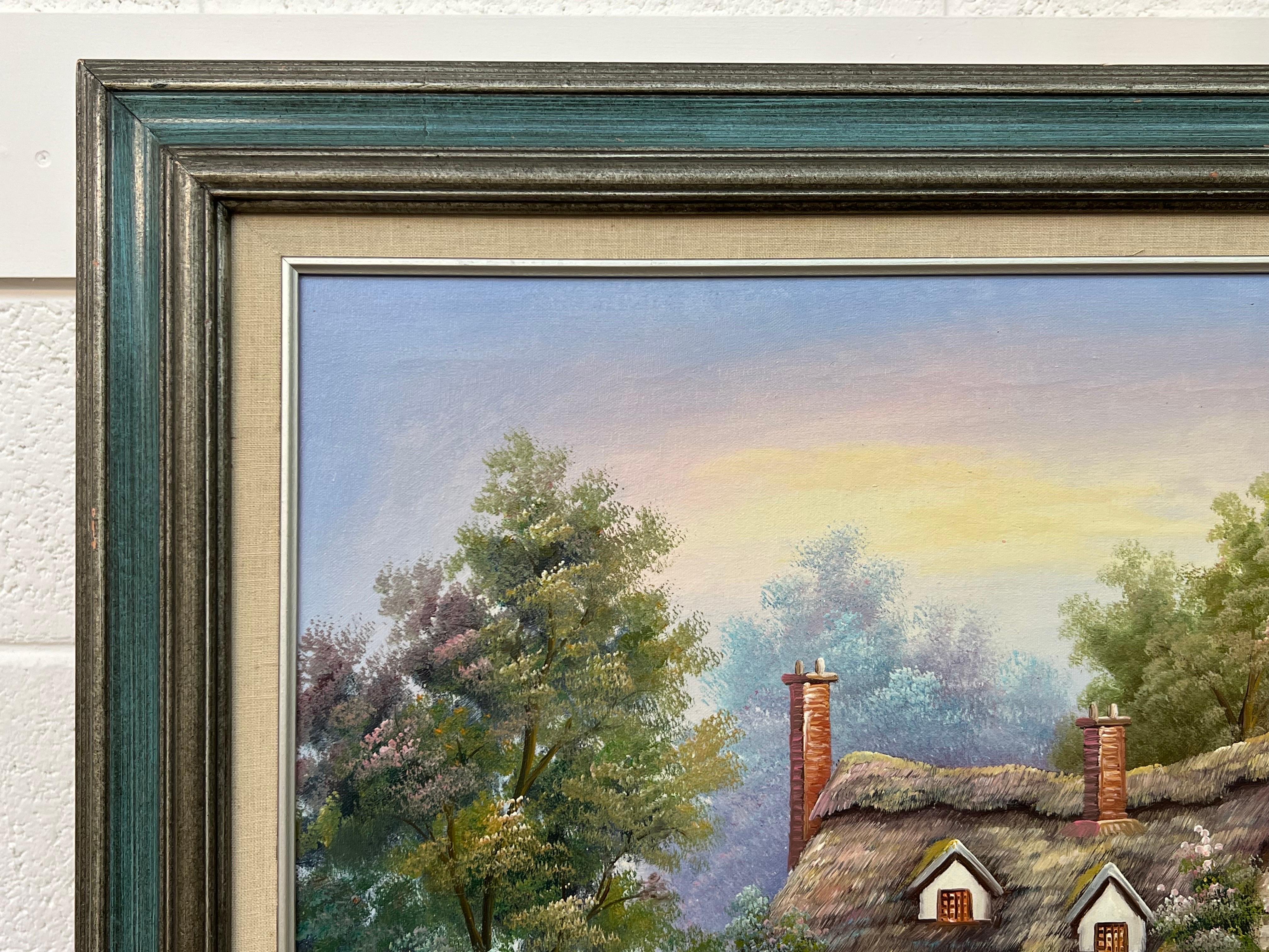 Vintage Oil Painting of Fantasy Cottage in the Woods with Flowers & Gardens For Sale 3