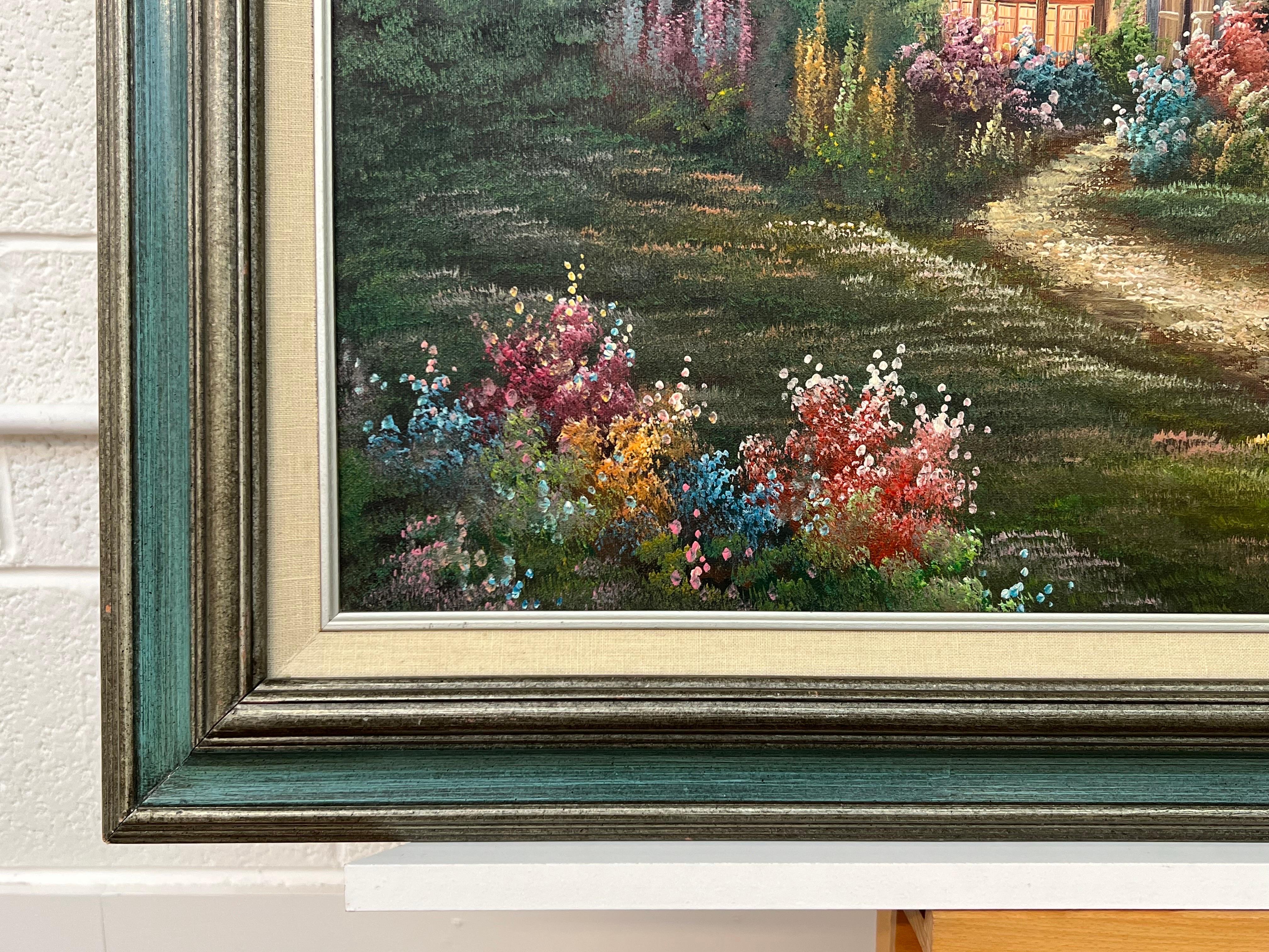 Vintage Oil Painting of Fantasy Cottage in the Woods with Flowers & Gardens For Sale 4