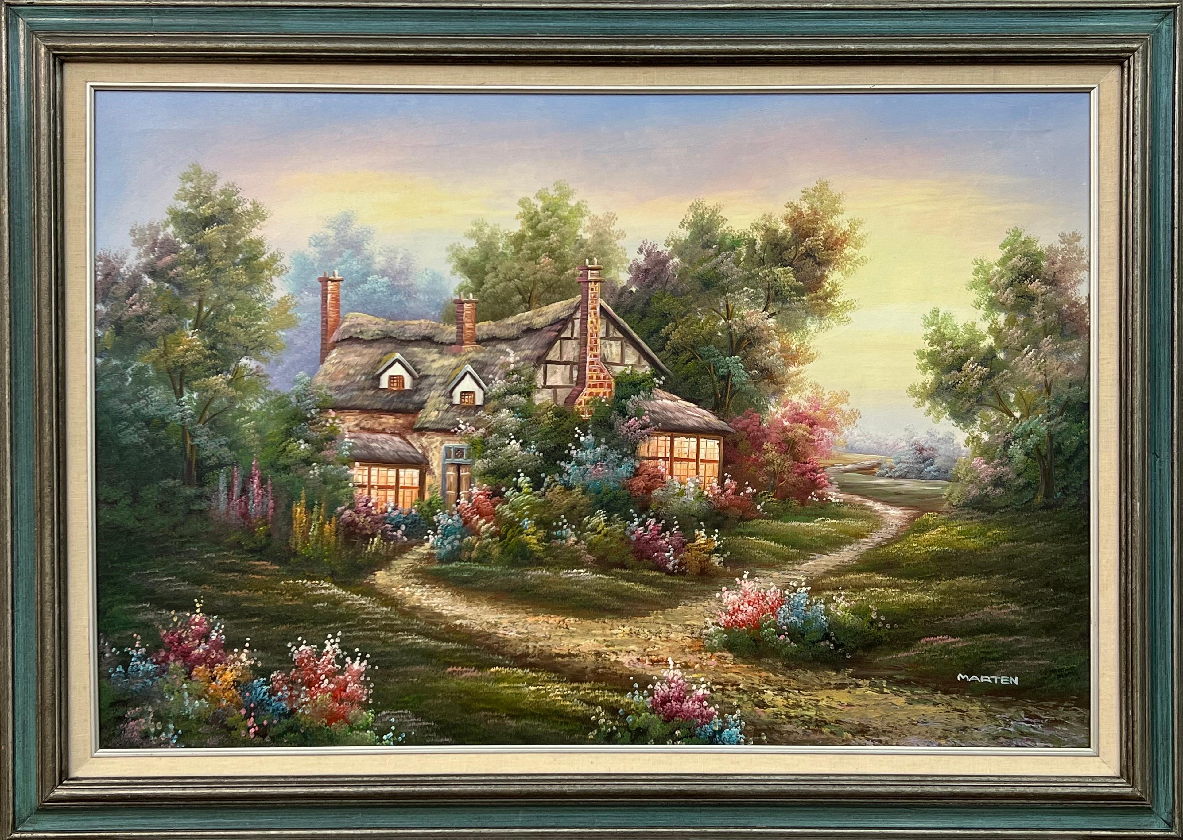 Marten Landscape Painting – Vintage Ölgemälde von Fantasy Cottage in den Wäldern mit Blumen & Gärten