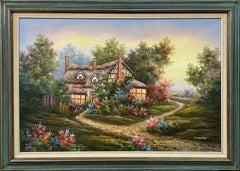 Peinture à l'huile vintage d'un cottage fantastique dans les bois avec des fleurs et des jardins