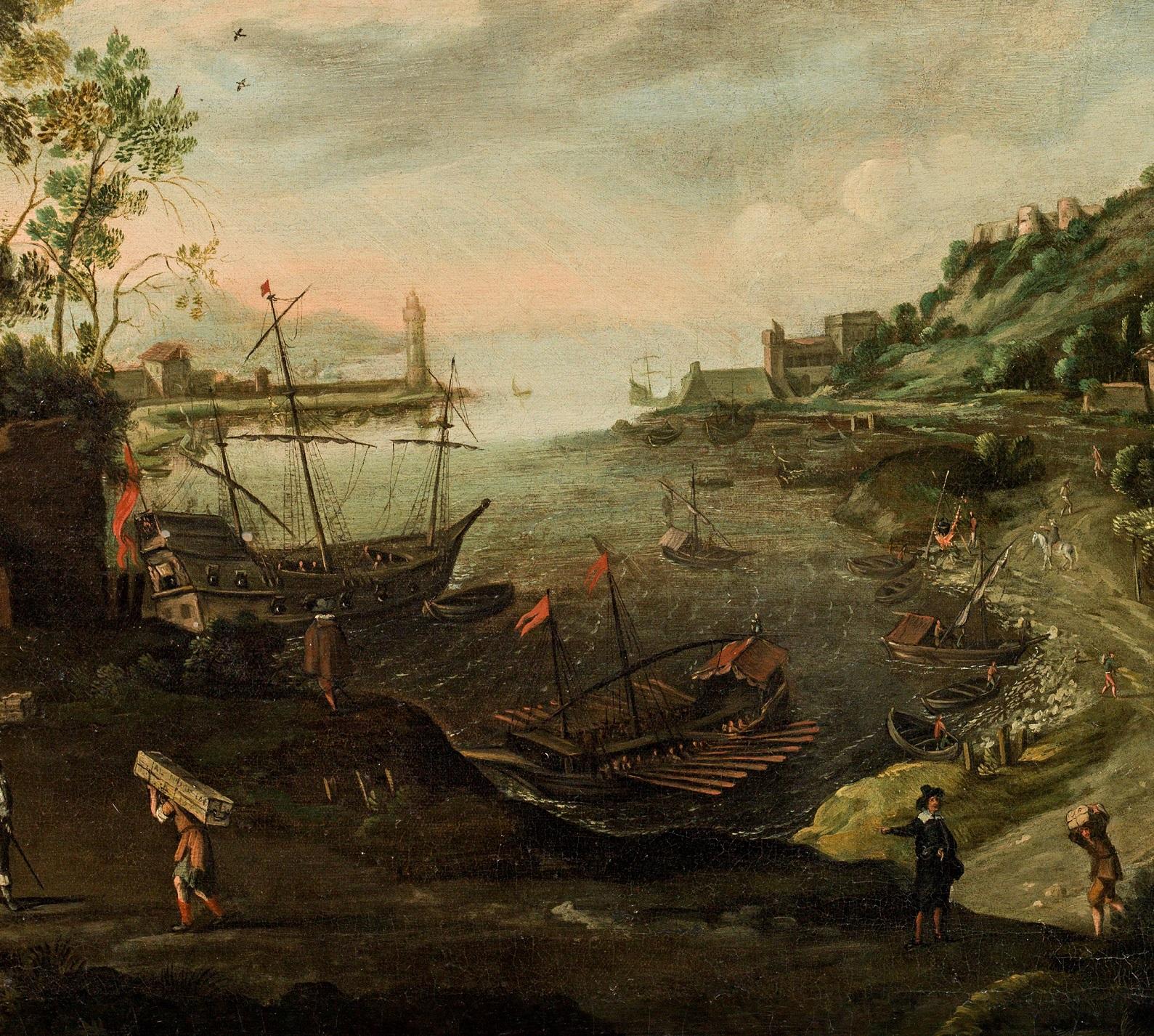 Sea Landscape Valckenborch Paint Oil on canvas Old master 17th Century Flemish - Old Masters Painting by Marten van Valckenborch (Belgium 1535 - Frankfurt 1612)