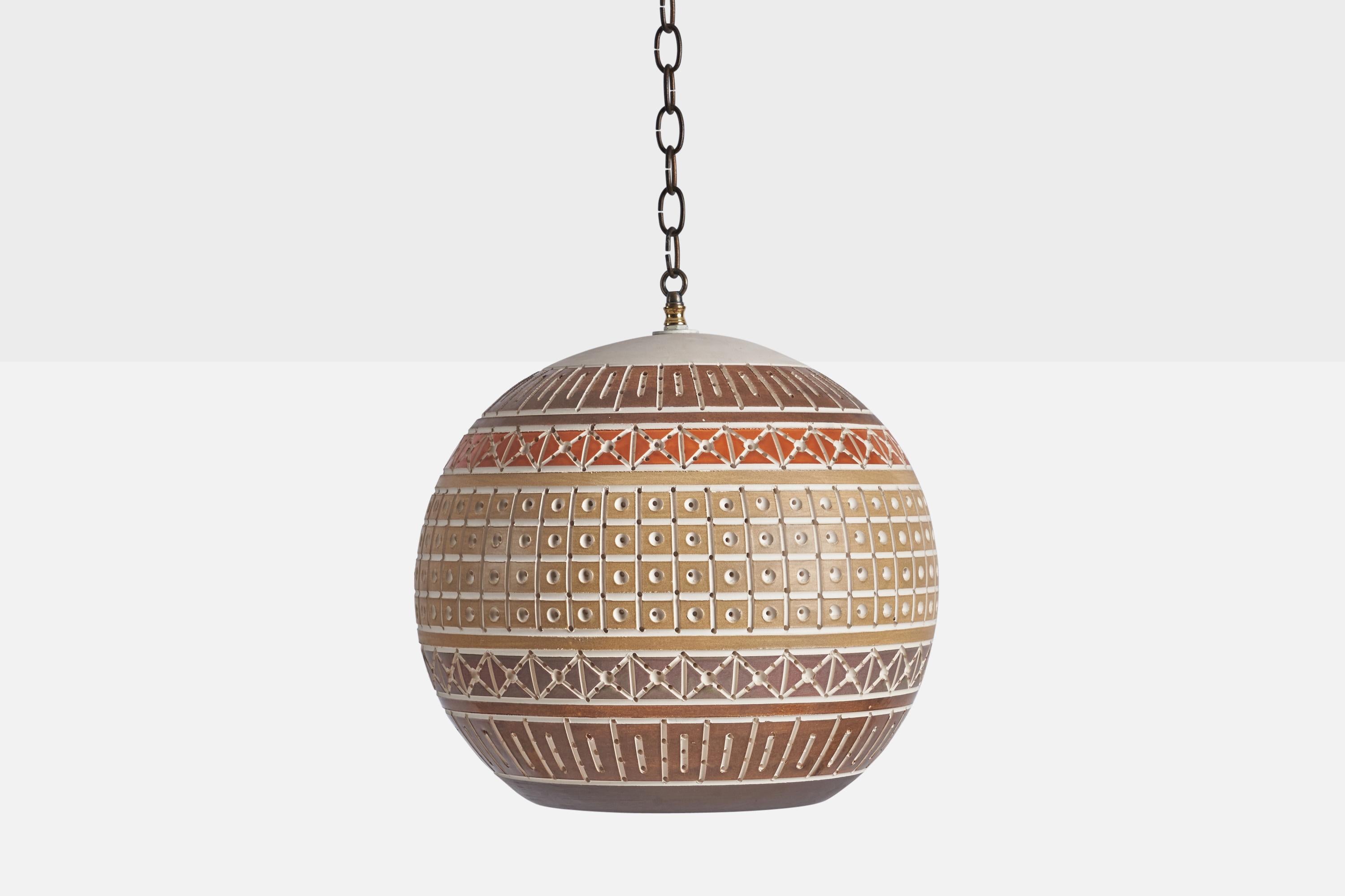 A hand-painted brown grey and yellow pendant light, designed and produced by Martha & Beaumont Mood, San Antonio, Texas, USA, 1970s 
Drop adjustable

Overall Dimensions (inches): 15” H x 17” Diameter
Bulb Specifications: E-26 Bulb
Number of Sockets: