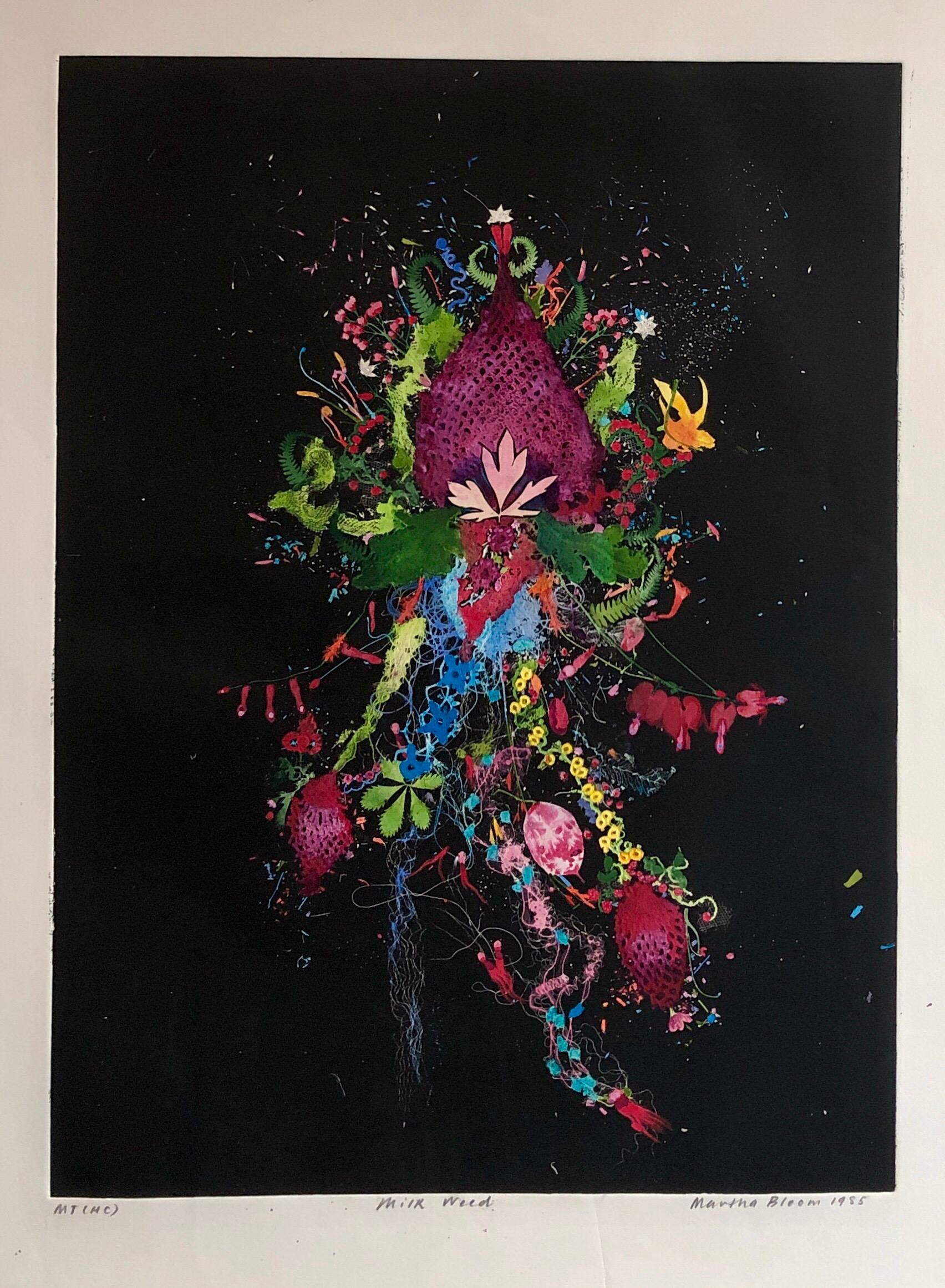 Mixed Media collage Assemblage painting and or monoprint or monotype on BFK Rives French art paper. It depicts a wild profusion of bold colored flowers
Education
1976 Stanley Hayter Atelier 17 Workshop, Paris, France
1975 Hugh Stoneman Workshop,
