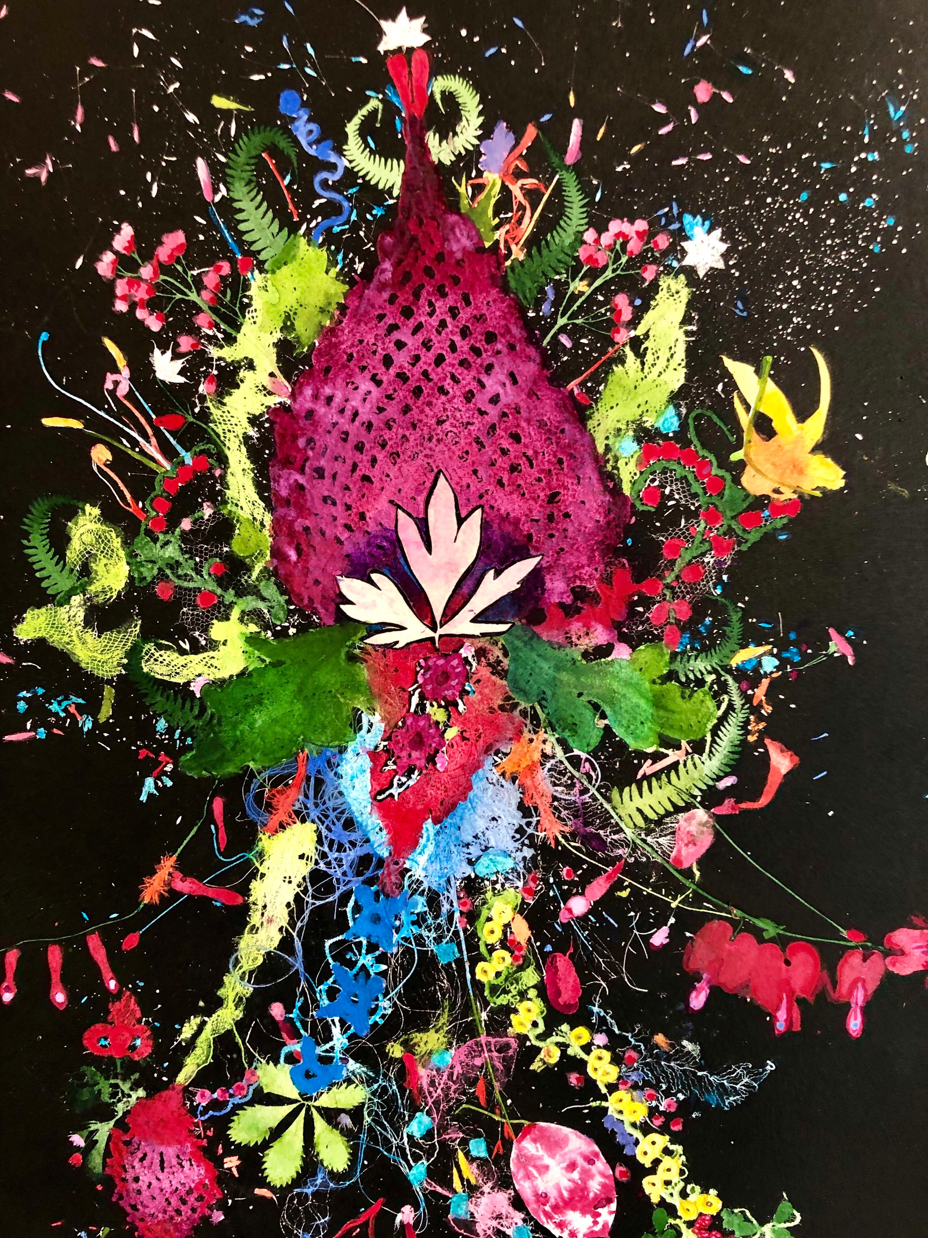 Herbe à lait, fleurs Mixed Media Collage Monotype Peinture florale 