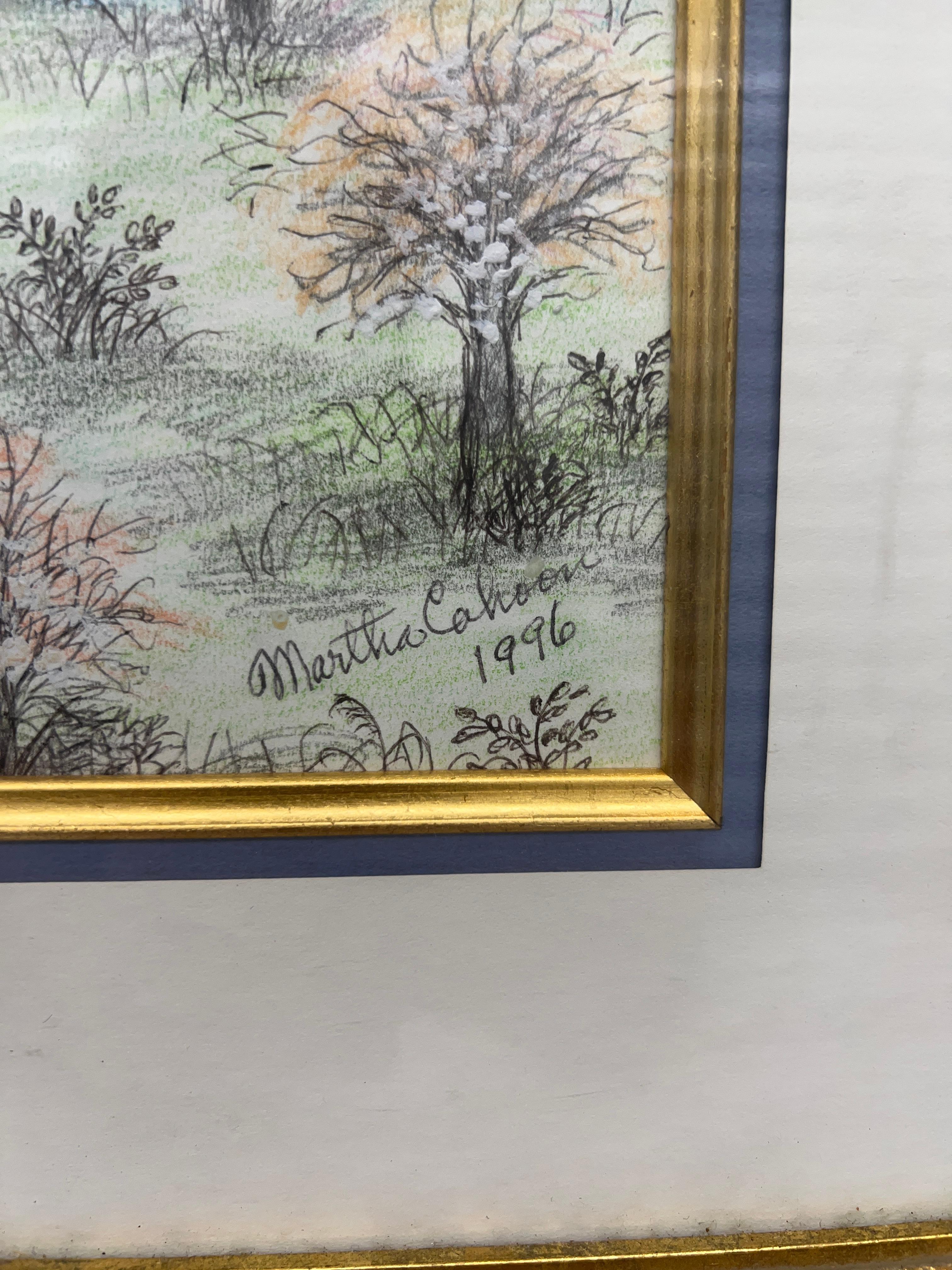 Martha Cahoon ( Amerikanerin 1905-1999) „A Fall Fall“ Crayon Folk Art Gemälde C 1996 (Volkskunst) im Angebot