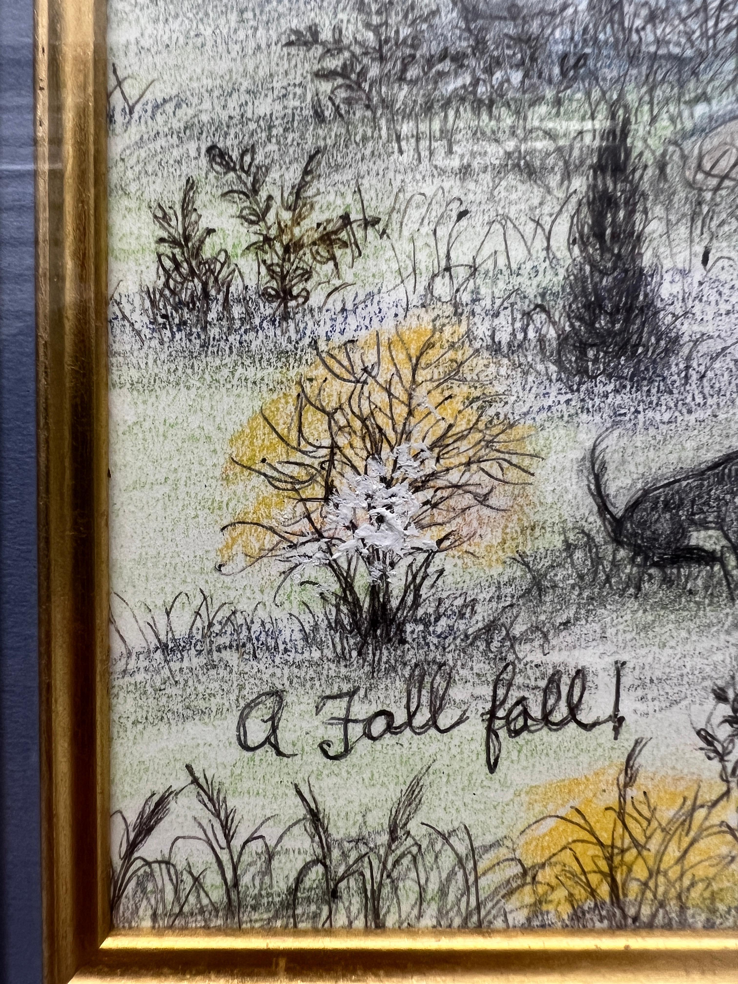 Martha Cahoon ( Amerikanerin 1905-1999) „A Fall Fall“ Crayon Folk Art Gemälde C 1996 (amerikanisch) im Angebot