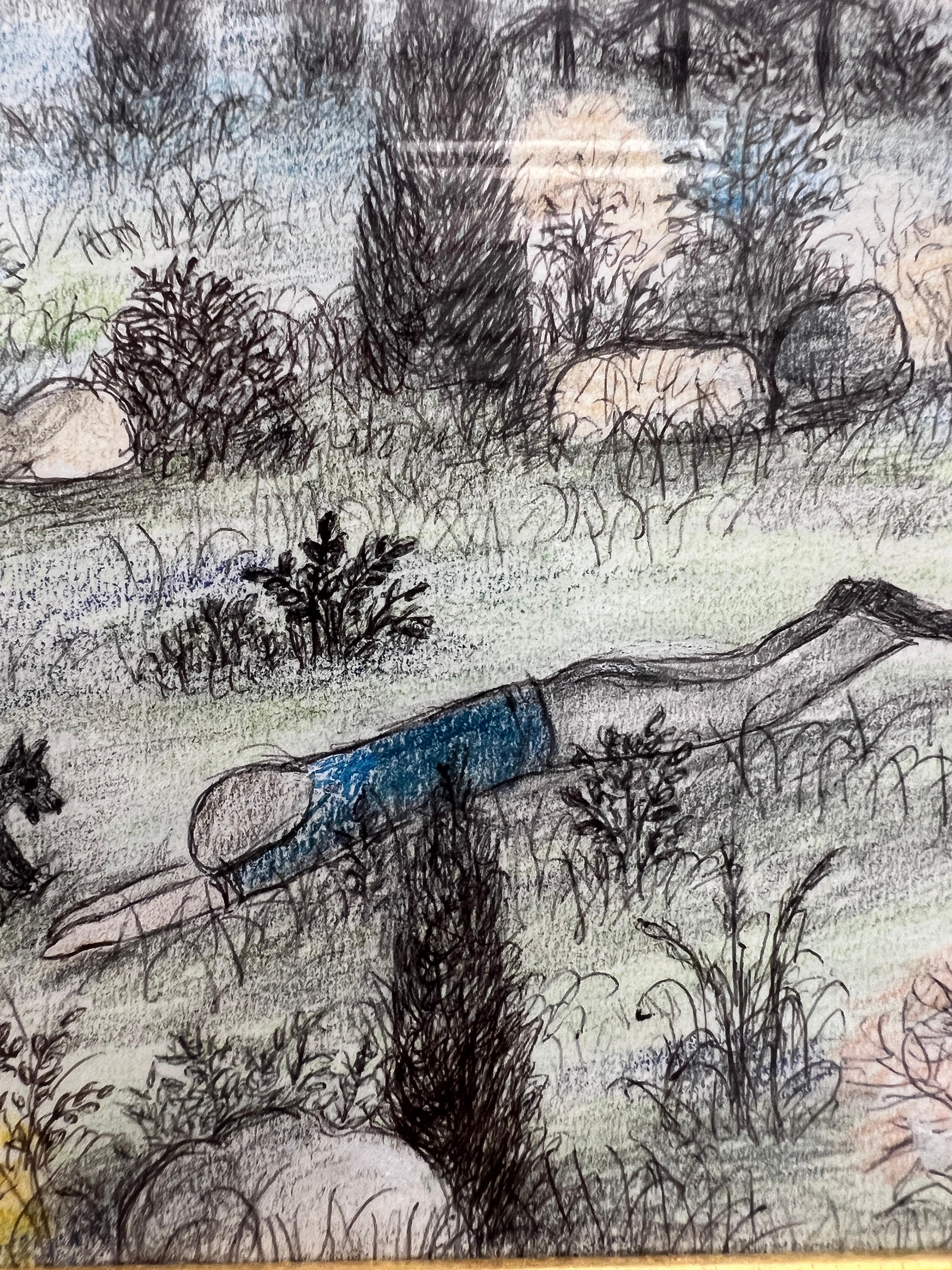 Martha Cahoon ( Amerikanerin 1905-1999) „A Fall Fall“ Crayon Folk Art Gemälde C 1996 im Zustand „Gut“ im Angebot in Atlanta, GA