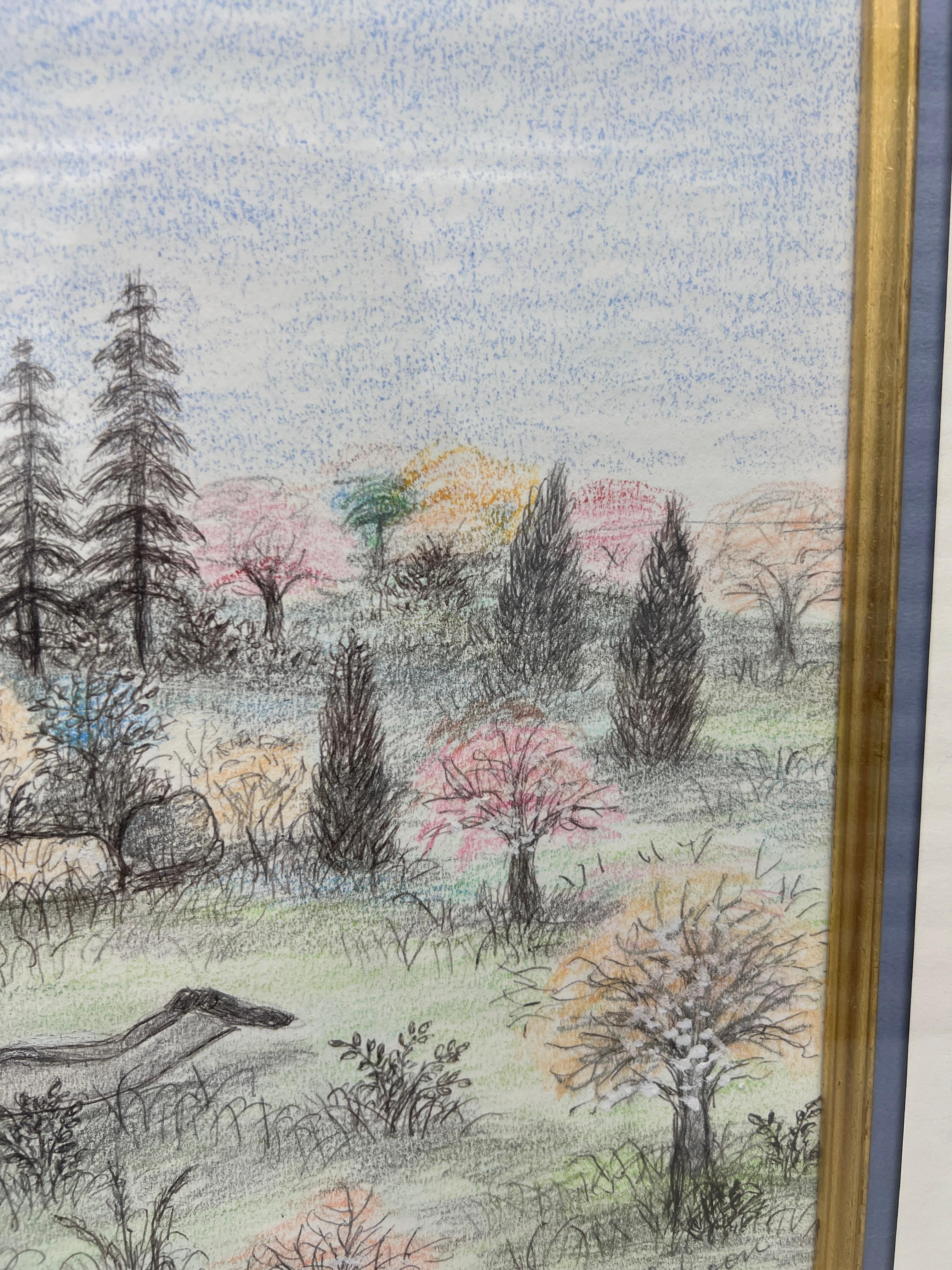 Martha Cahoon ( Amerikanerin 1905-1999) „A Fall Fall“ Crayon Folk Art Gemälde C 1996 (Vergoldetes Holz) im Angebot