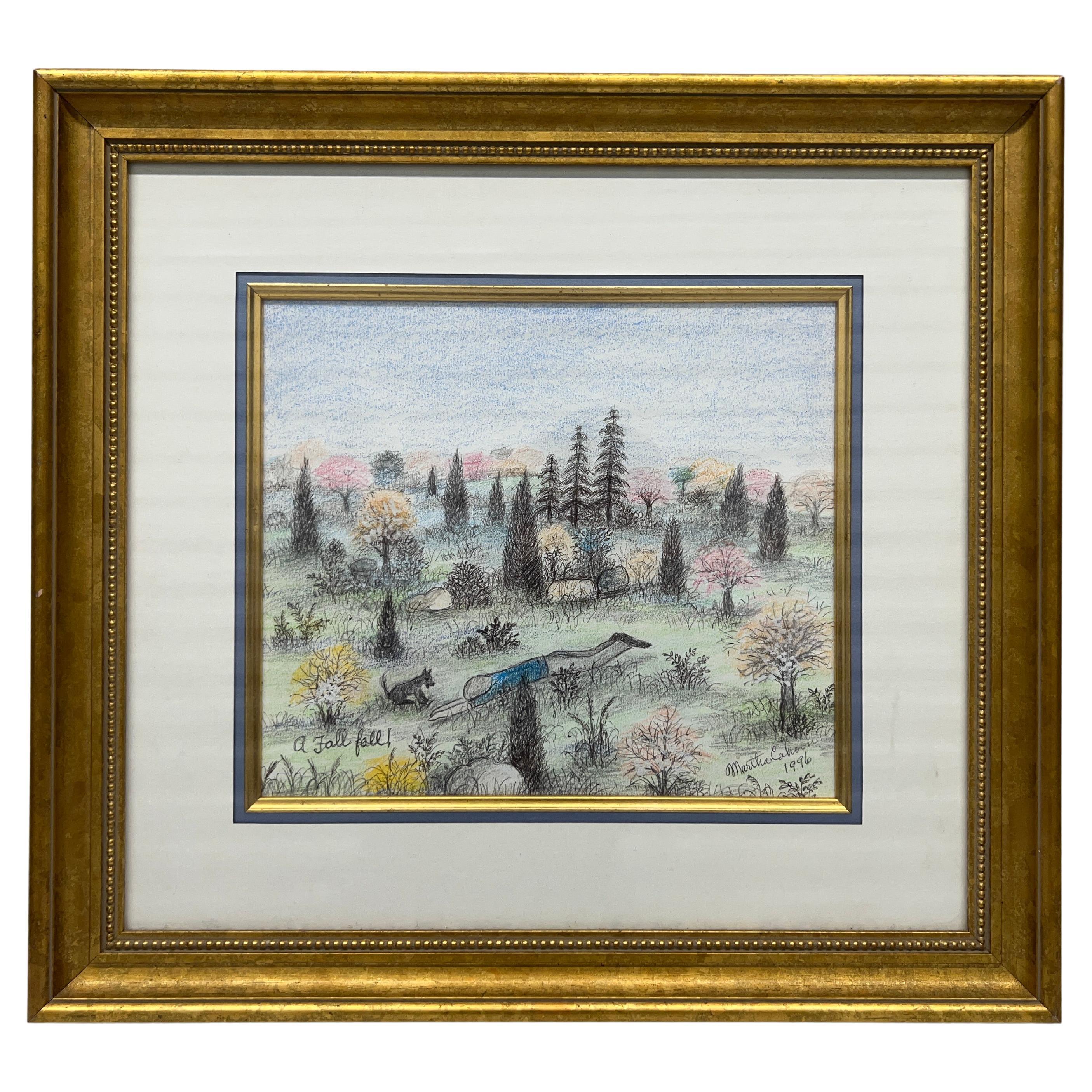 Martha Cahoon (estadounidense 1905-1999) "Una caída otoñal" Pintura de arte popular con lápices de colores C 1996