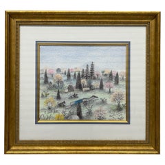 Martha Cahoon (American 1905-1999) "A Fall Fall" Crayon Folk Art Painting C 1996