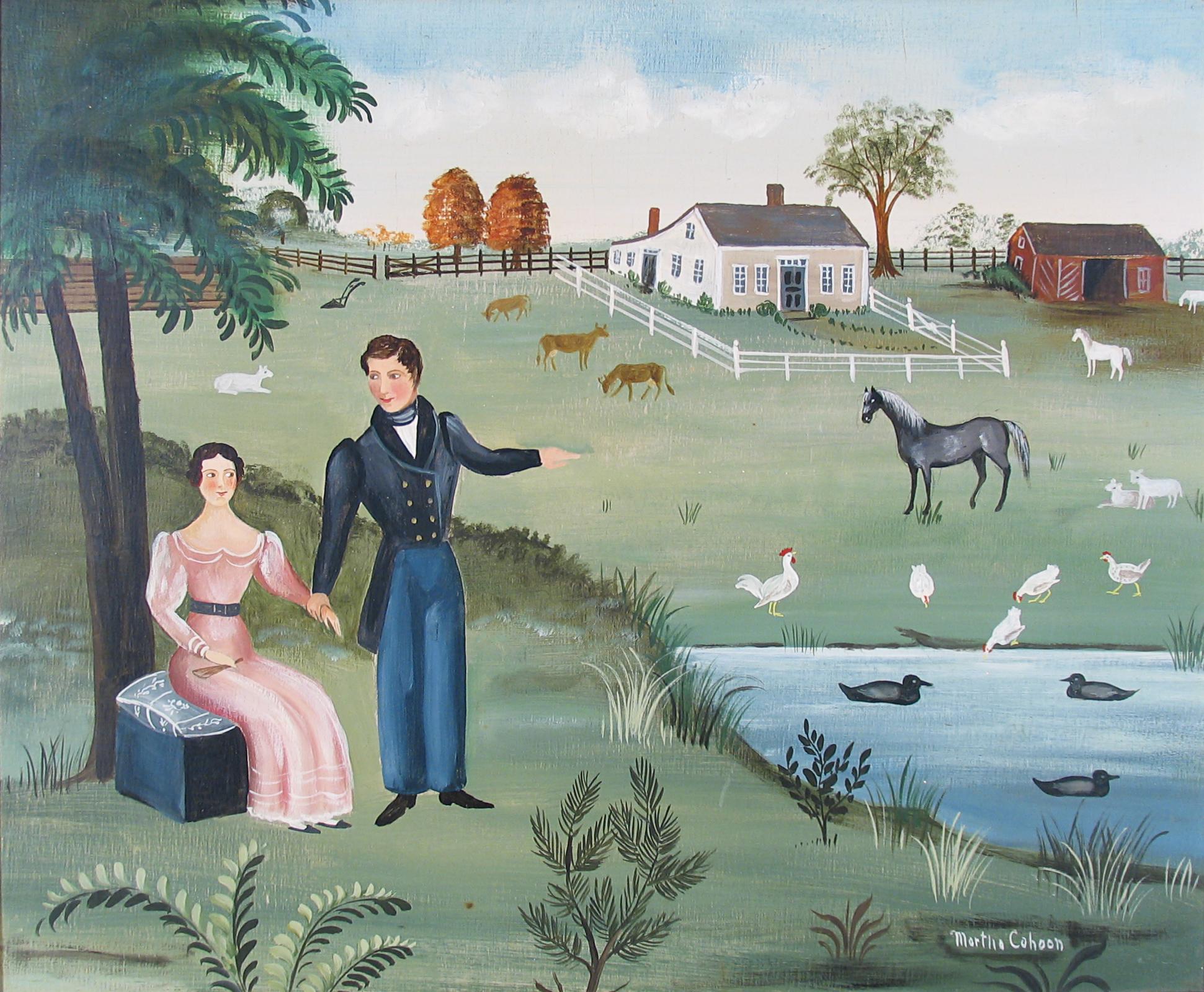 Peinture à l'huile « Couple by Farmyard » de Martha Cahoon en vente 1