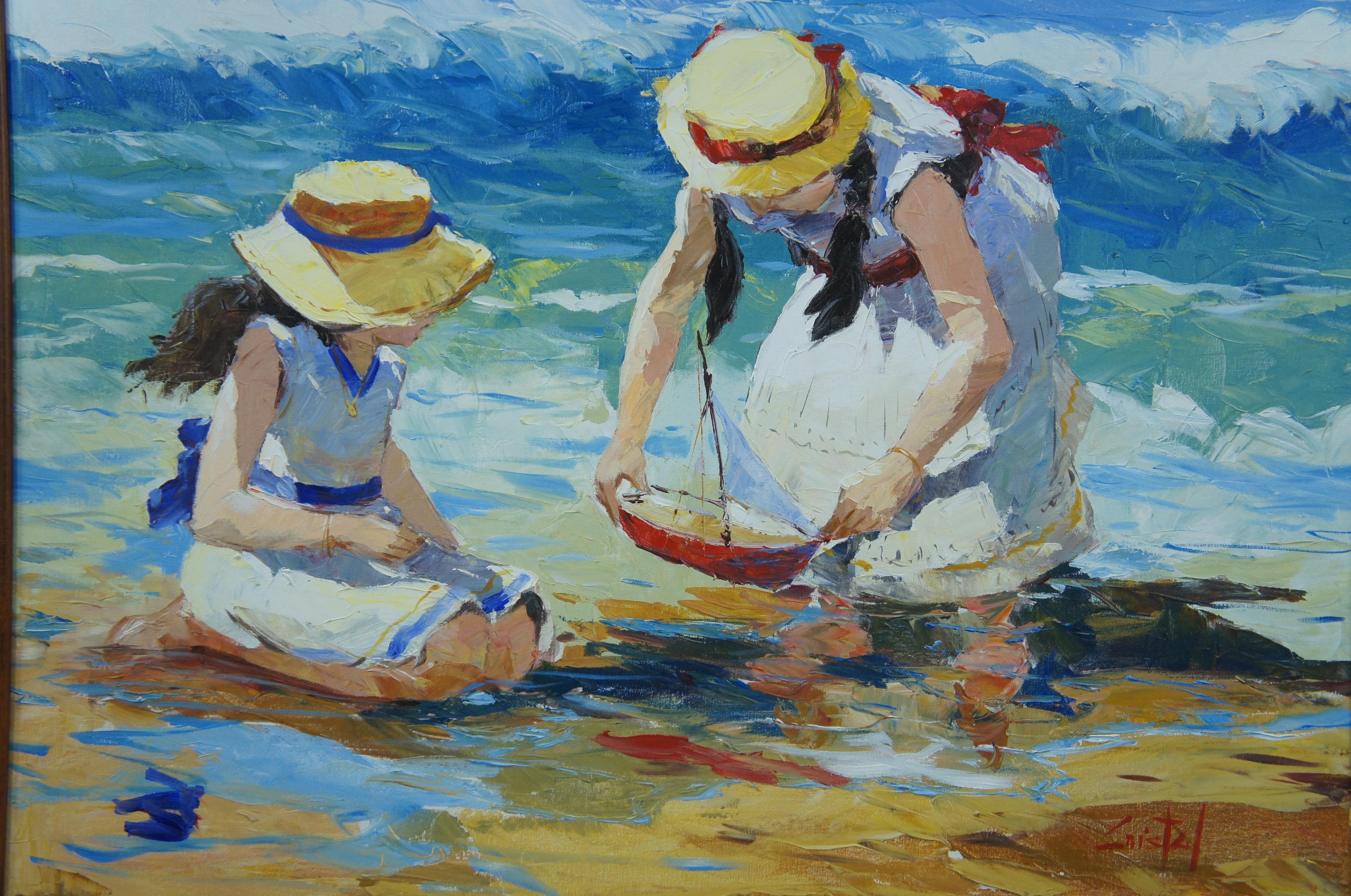 Martha Cristel - Peinture à l'huile impressionniste de Martha Cristel - Paysage marin péruvien - Mère et fille 41 Bon état - En vente à Dayton, OH