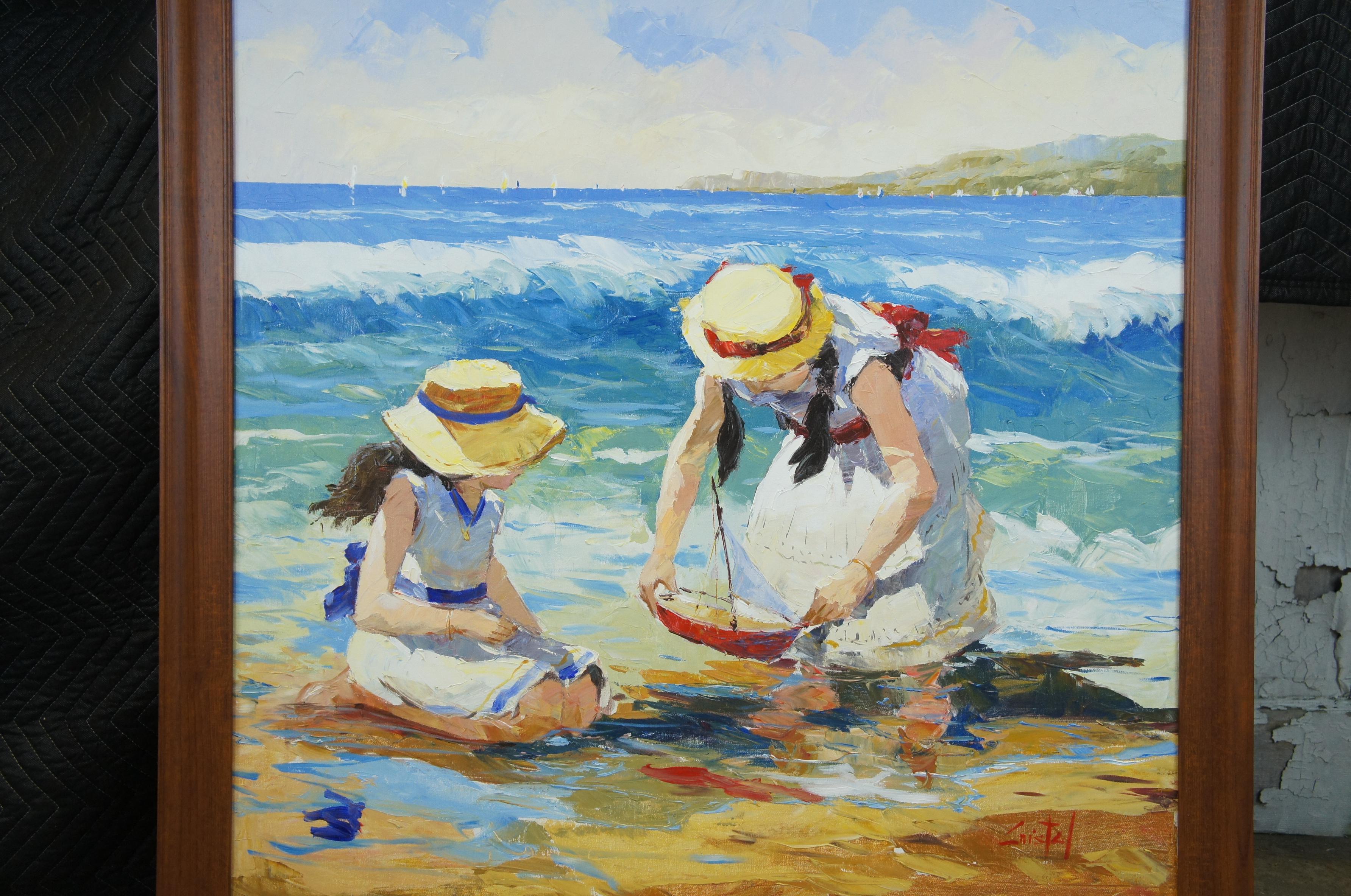 20ième siècle Martha Cristel - Peinture à l'huile impressionniste de Martha Cristel - Paysage marin péruvien - Mère et fille 41 en vente