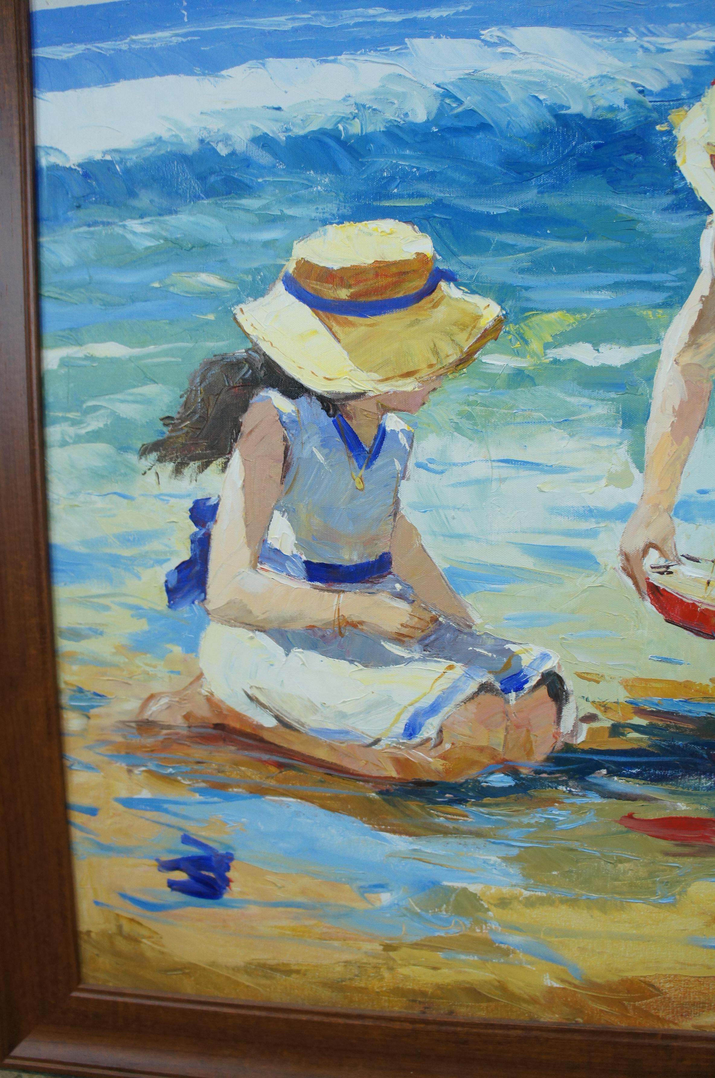 Canvas Martha Cristel Impressionist Oil Painting Peruvian Seascape Mother & Daughter 41 For Sale