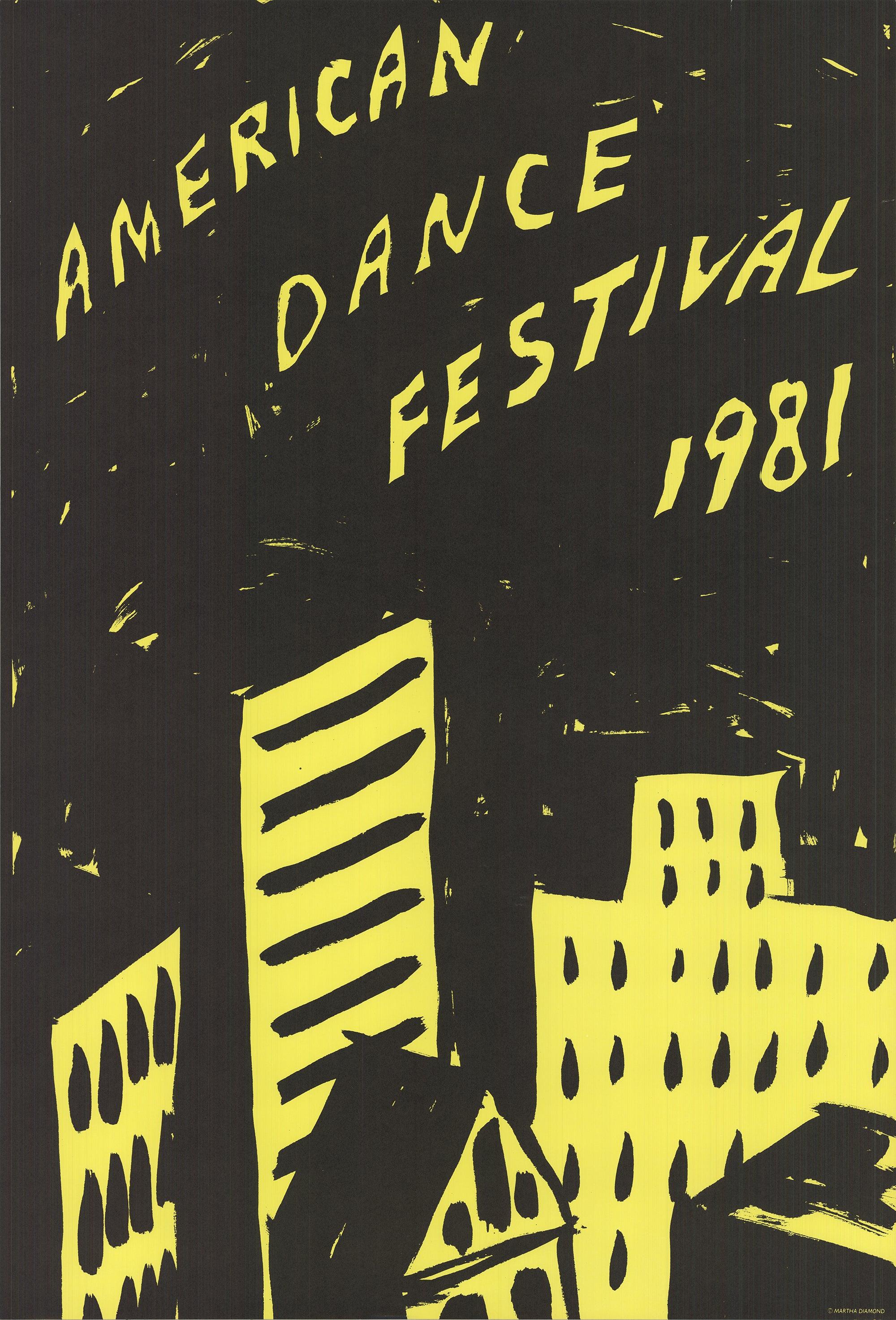 Questo poster originale in litografia è stato creato dall'artista Martha Diamond per l'American Dance Festival del 1981. Il poster esemplifica lo stile distintivo di Diamond e funge da vibrante pezzo promozionale per il prestigioso festival di