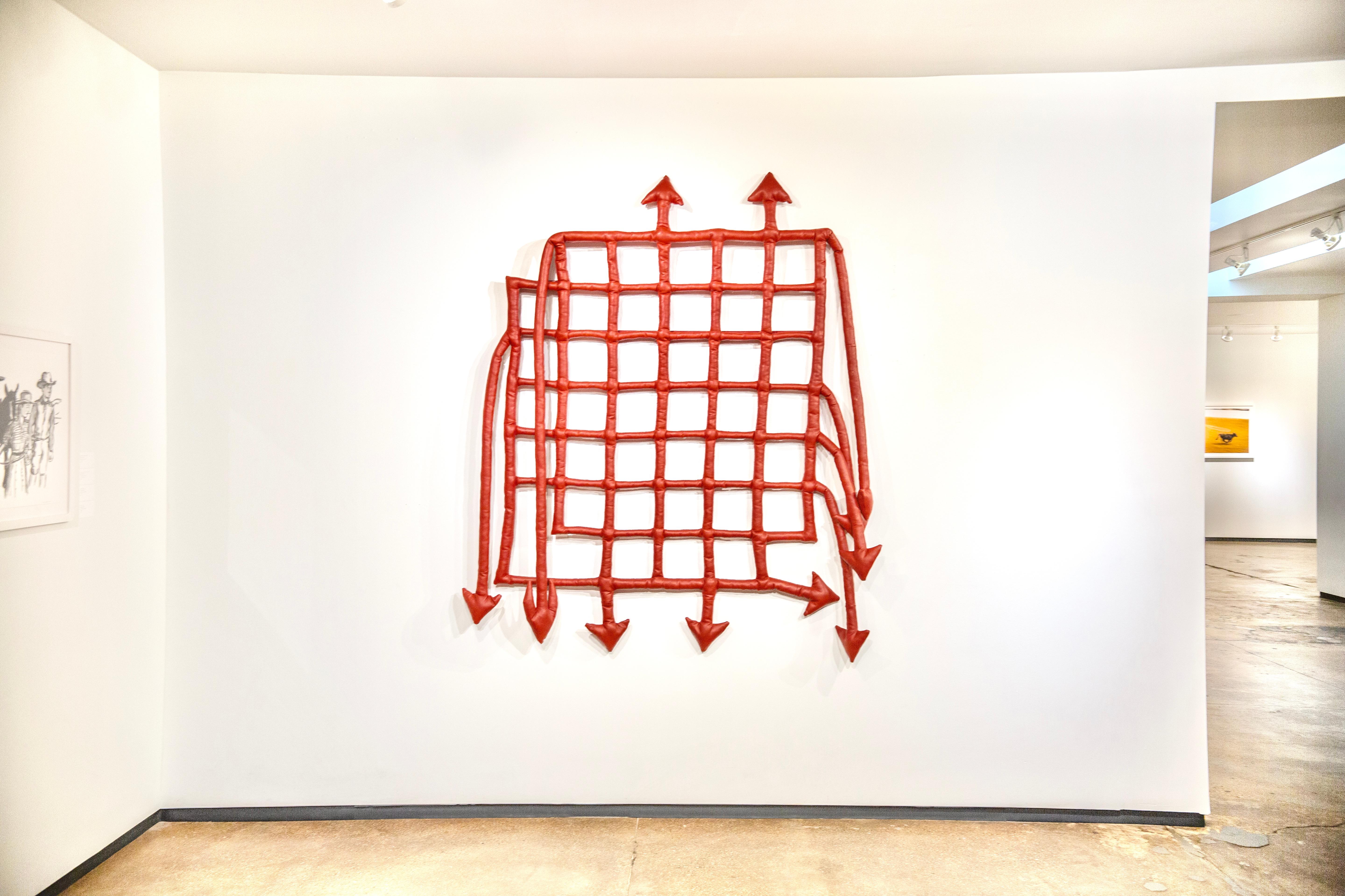 Large Crimson Fabric/Vinyl Soft Sculpture with Arrows and Grid Pattern - Mixed Media Art by Martha Elena