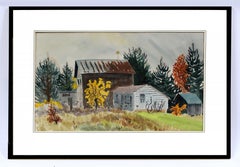 Martha Burchfield American Modern Watercolor Painting Barn Fall Red Yellow Gray