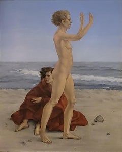 Two Figures at The Sea' Peinture à l'huile figurative