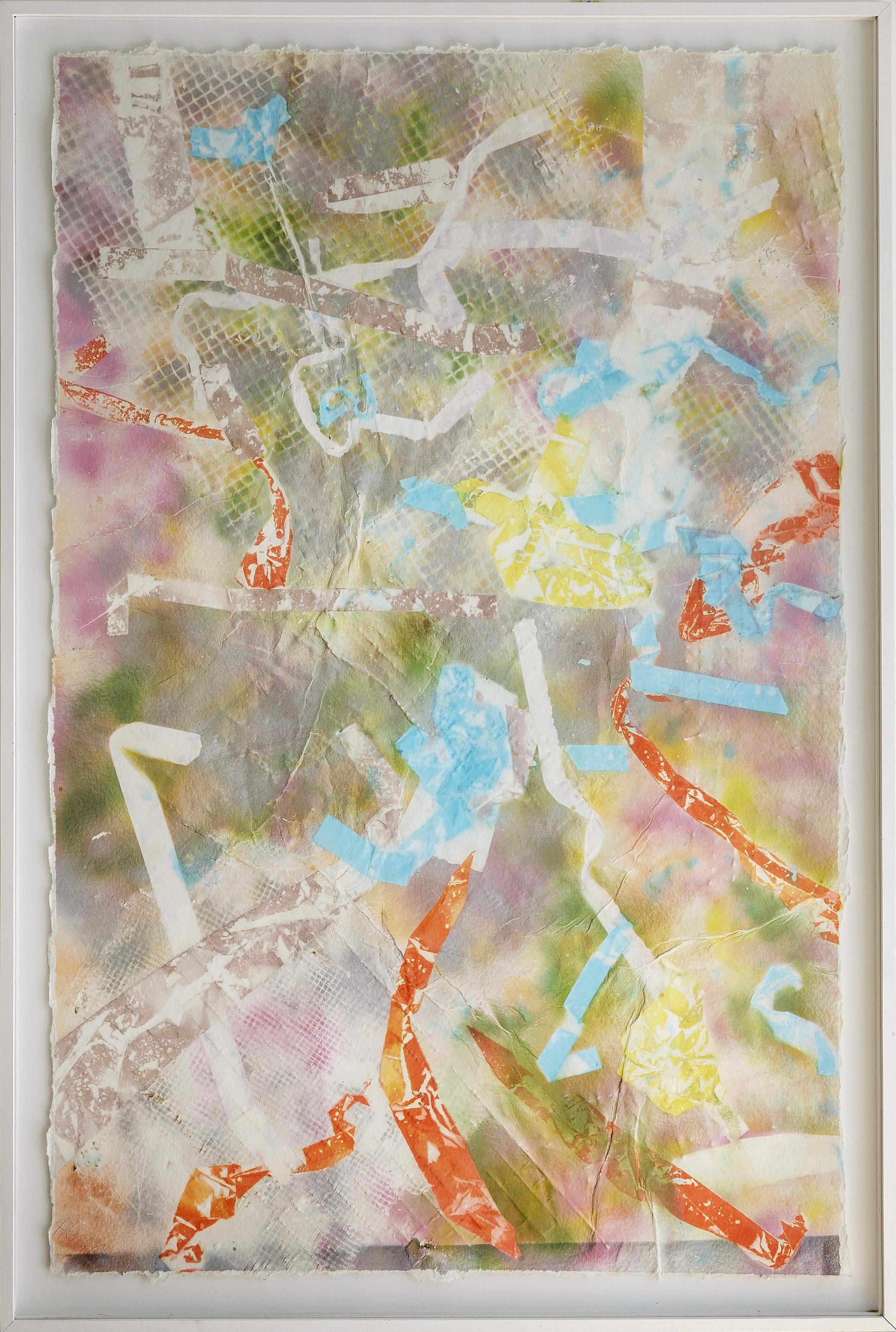 Dieses Gemälde der amerikanischen Künstlerin Martha Holden ist mit seinen übergroßen Dimensionen und seiner fröhlichen Komposition eine Rarität. Es handelt sich um ein zeitgenössisches abstraktes Werk, das den Betrachter mit einer lebhaften und