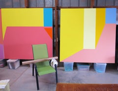 Scene 132, Large geometrical acrylic painting, Pink, Yellow, Blue