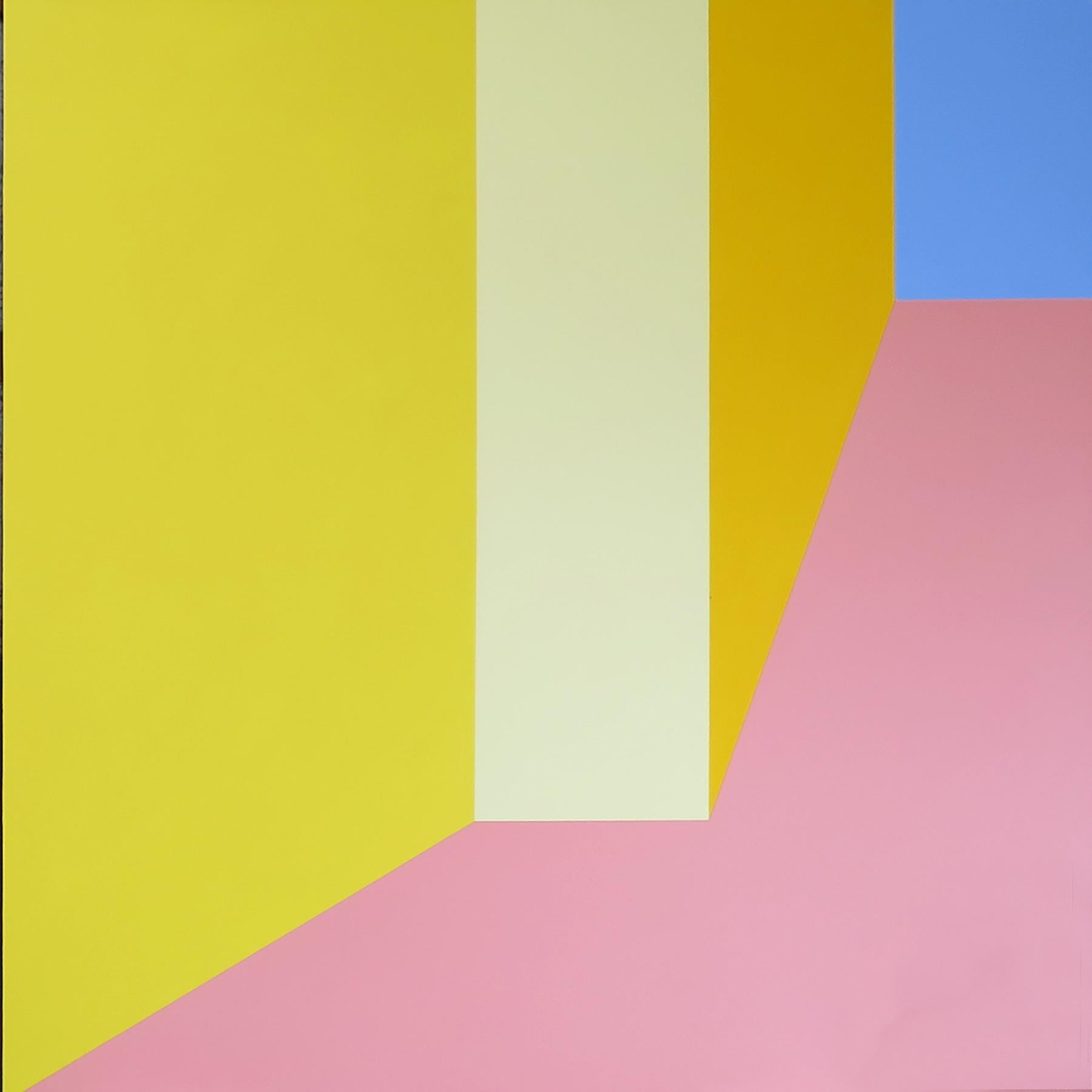 Martha Hughes Interior Painting - Scene 132, Large geometrical acrylic painting, Pink, Yellow, Blue