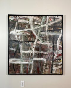 "Bouddha avec des ailes" - peinture abstraite, huile et goudron sur lin, encadrée