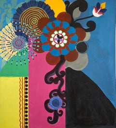 "Fleur" peinture acrylique florale abstraite contemporaine et colorée sur toile.