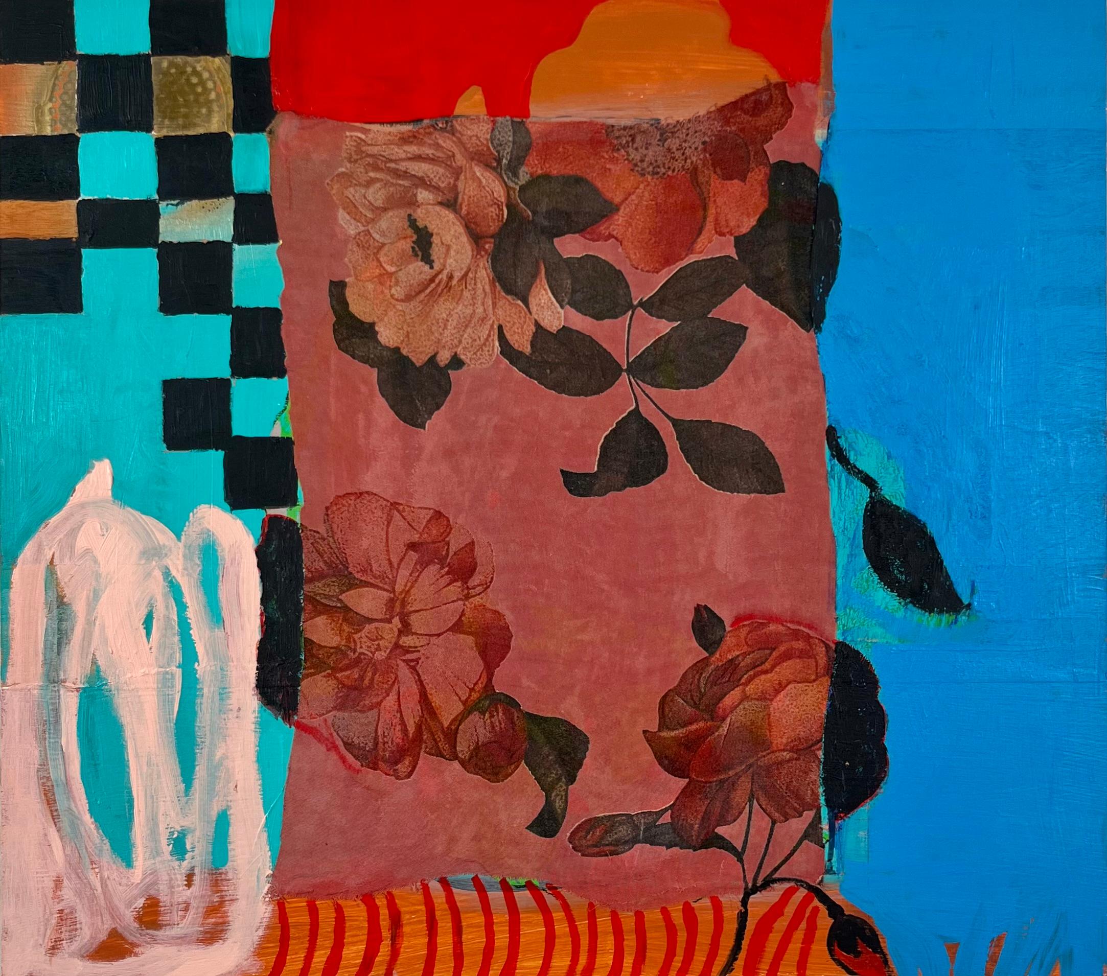 Abstract Painting Martha Lloyd - "Monastery Garden" acrylique et collage de tissu sur panneau, contemporain, art floral.