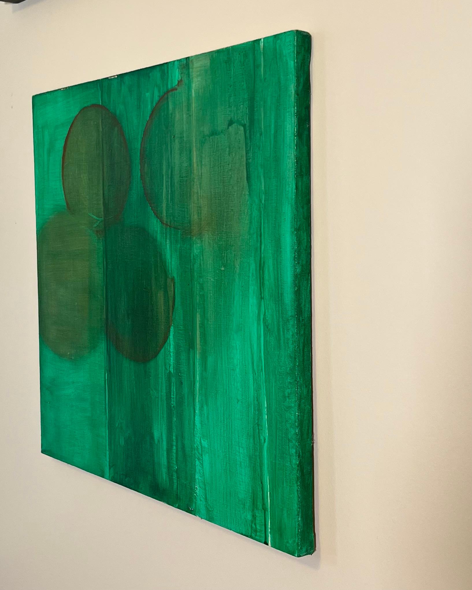Acrylic on canvas abstract painting in excellent condition by artist Martha Lloyd. 

Four circular orbs painted in an atmospheric style with varying opacity of monochrome emerald green give this painting dimension and movement, creating the feeling