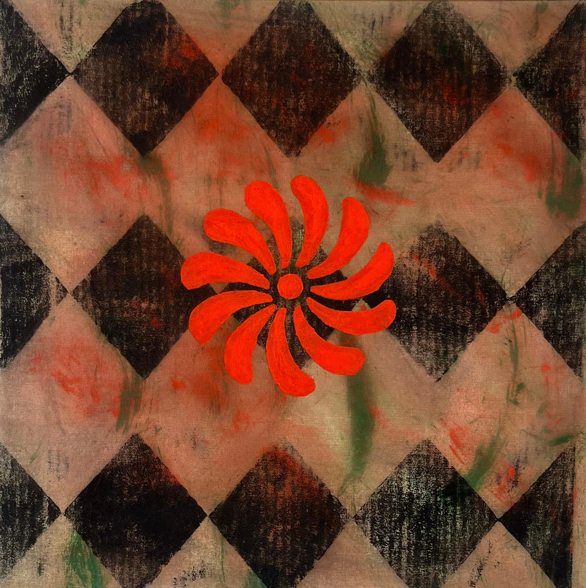 Abstract Painting di Martha Lloyd - "Senza titolo" acrilico e tintura a girandola floreale rossa su tela di cotone