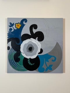 "Untitled" - blue gray abstract floral acrylic painting on board