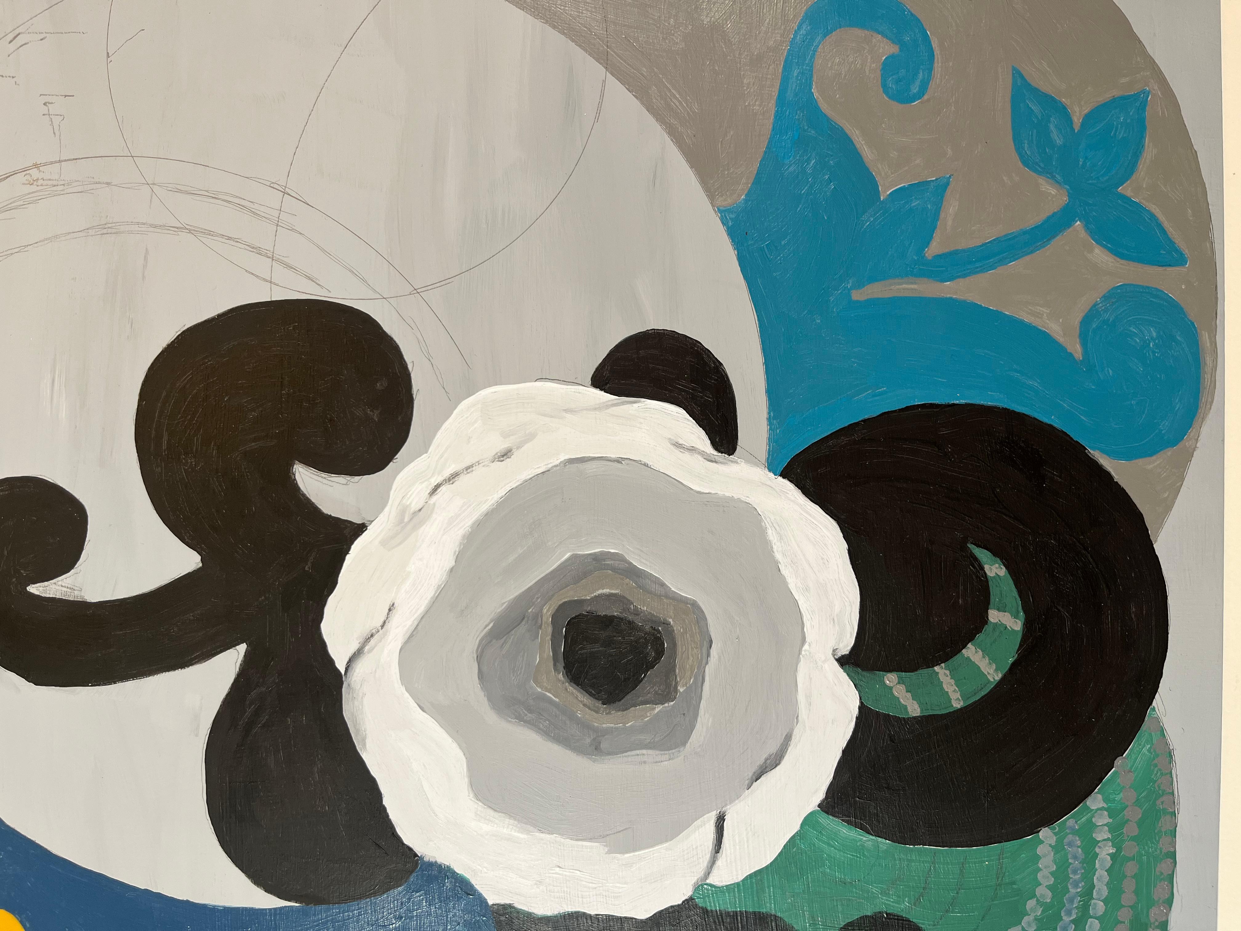 Abstract floral acrylic painting on wood panel by artist Martha Lloyd. 

This piece features a central flower in shades of white, grey and black, with light and dark blue shapes in a foliage motif radiating from the center, and a small yellow flower