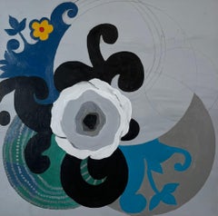 "Sin título" pintura acrílica abstracta floral azul gris sobre tabla