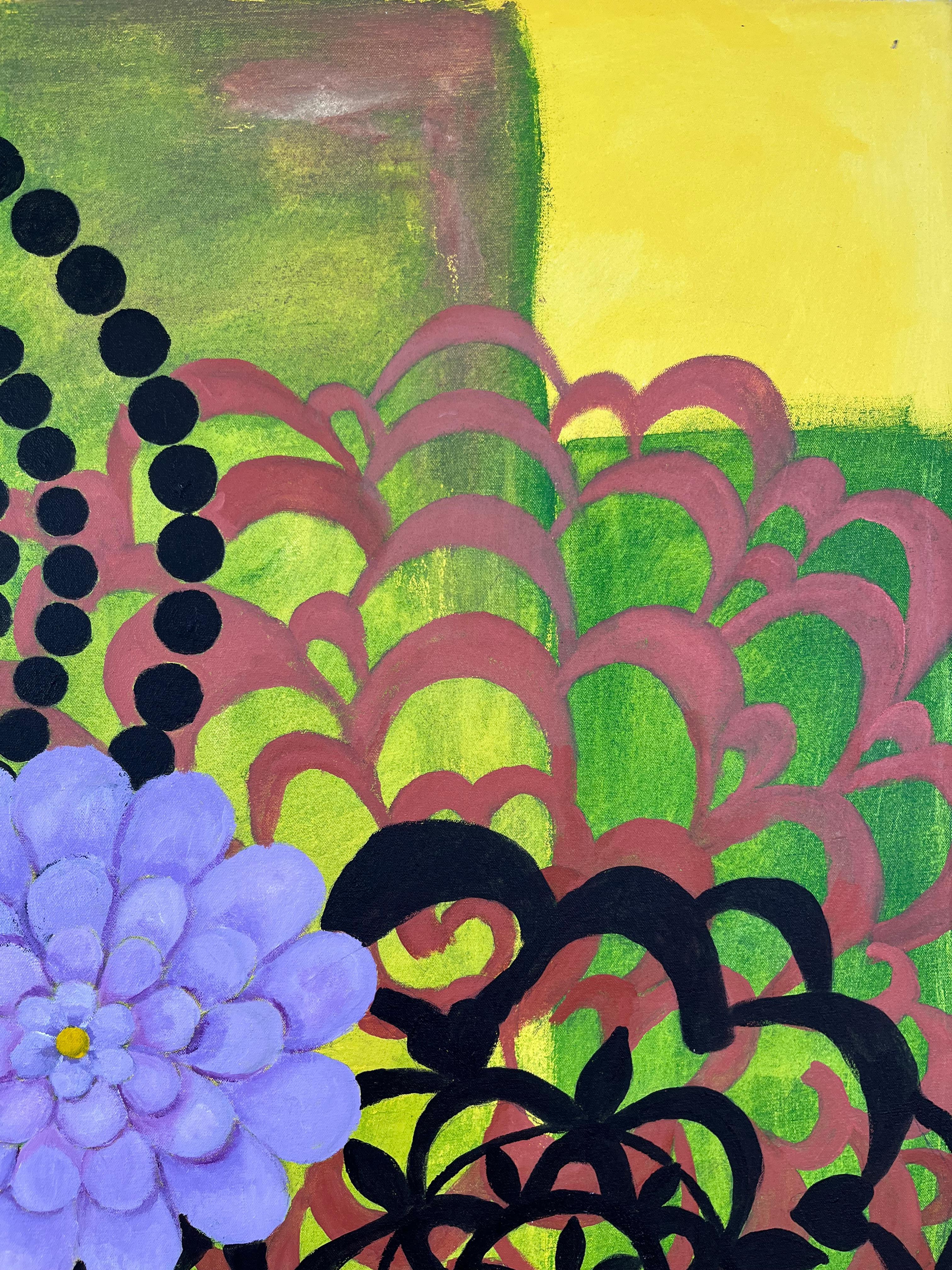 This contemporary abstract acrylic painting on board by artist Martha Lloyd features overlapping concentric circles in colors orange, red and purple against a contrasting black and white background, with radiating abstract flowers painted in soft