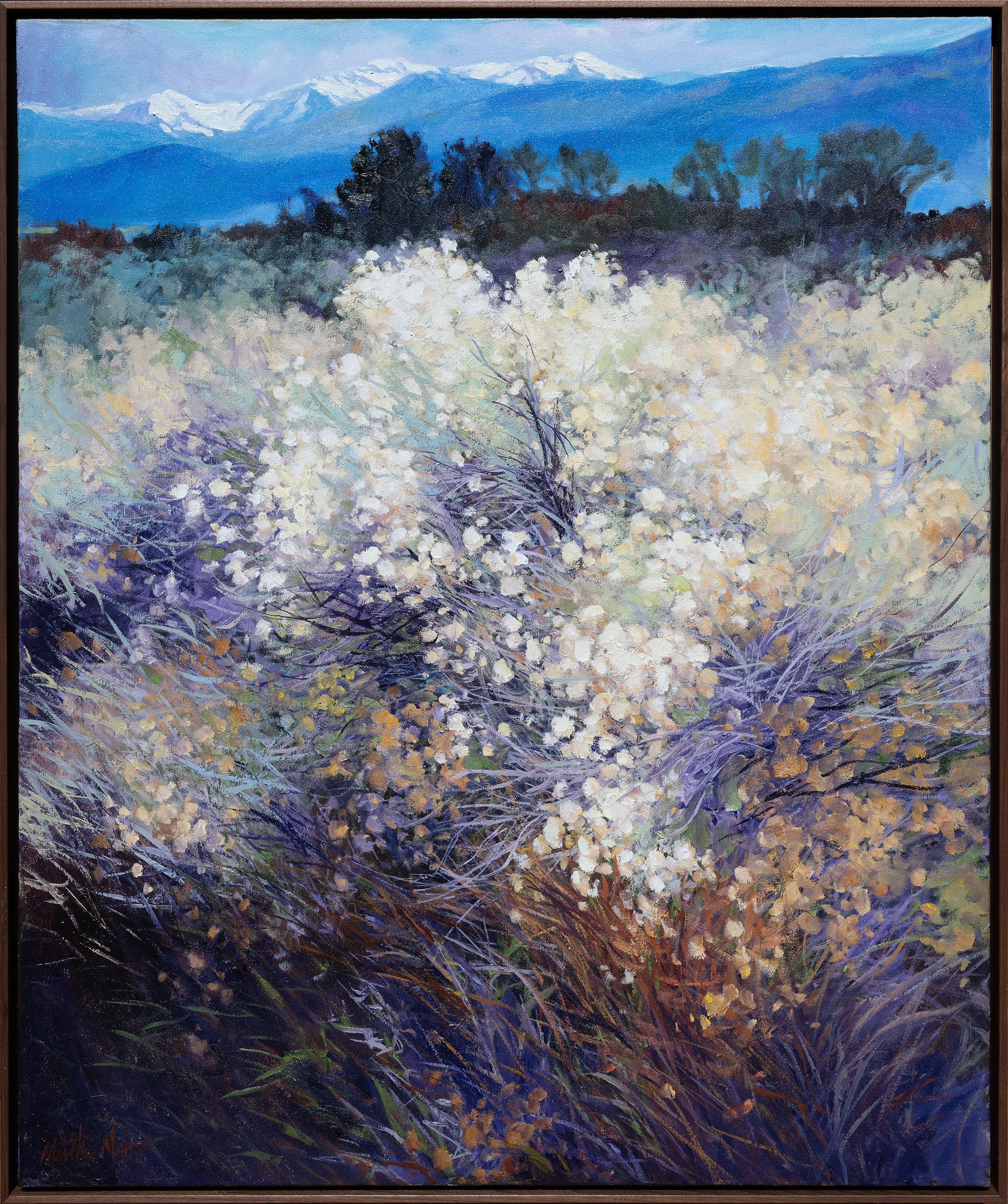Martha Mans Landscape Painting - Chamisa in White: Contemporary Oil Painting on Canvas, Framed