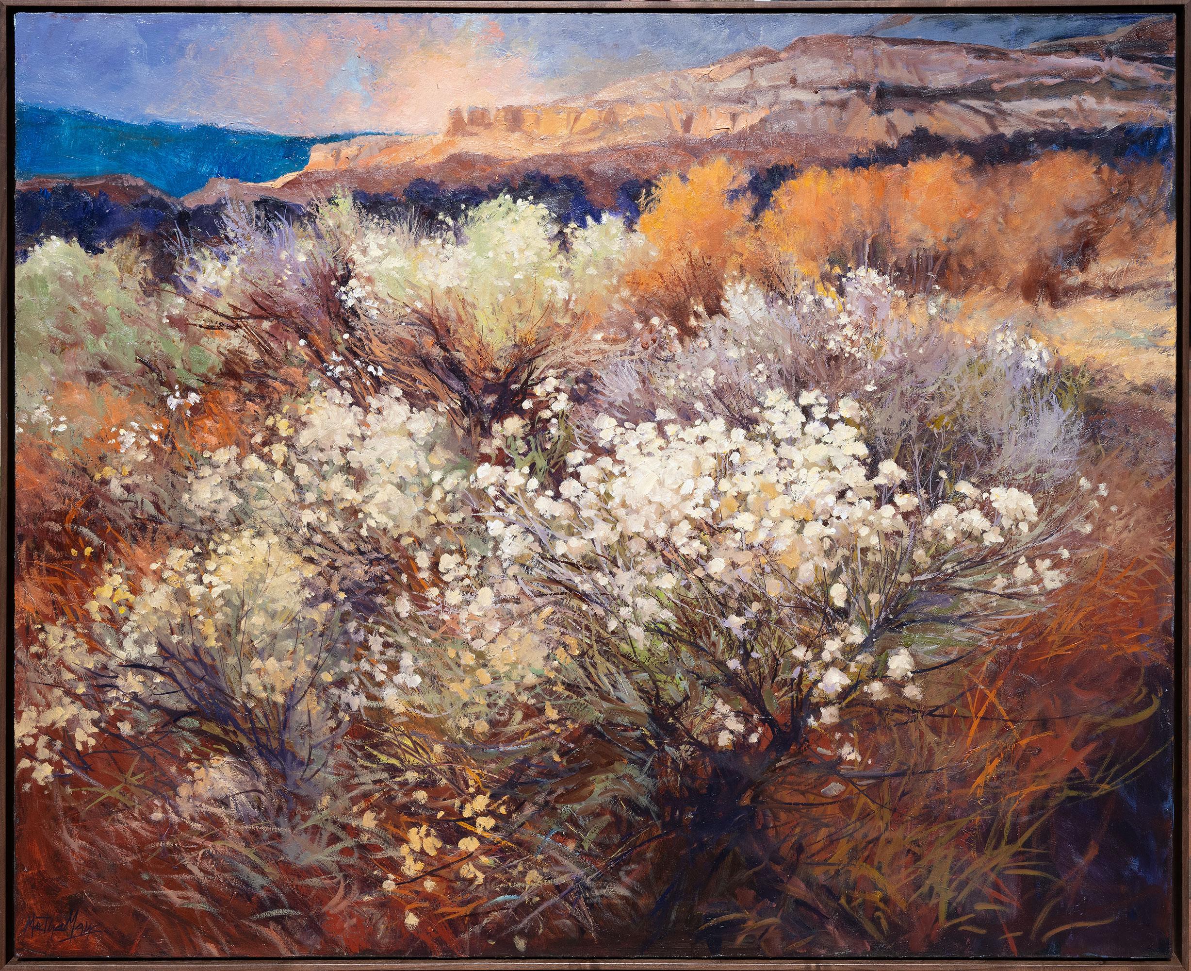 Martha Mans Landscape Painting - October's End Ghost Ranch, Contemporary Oil Painting on Canvas, Framed