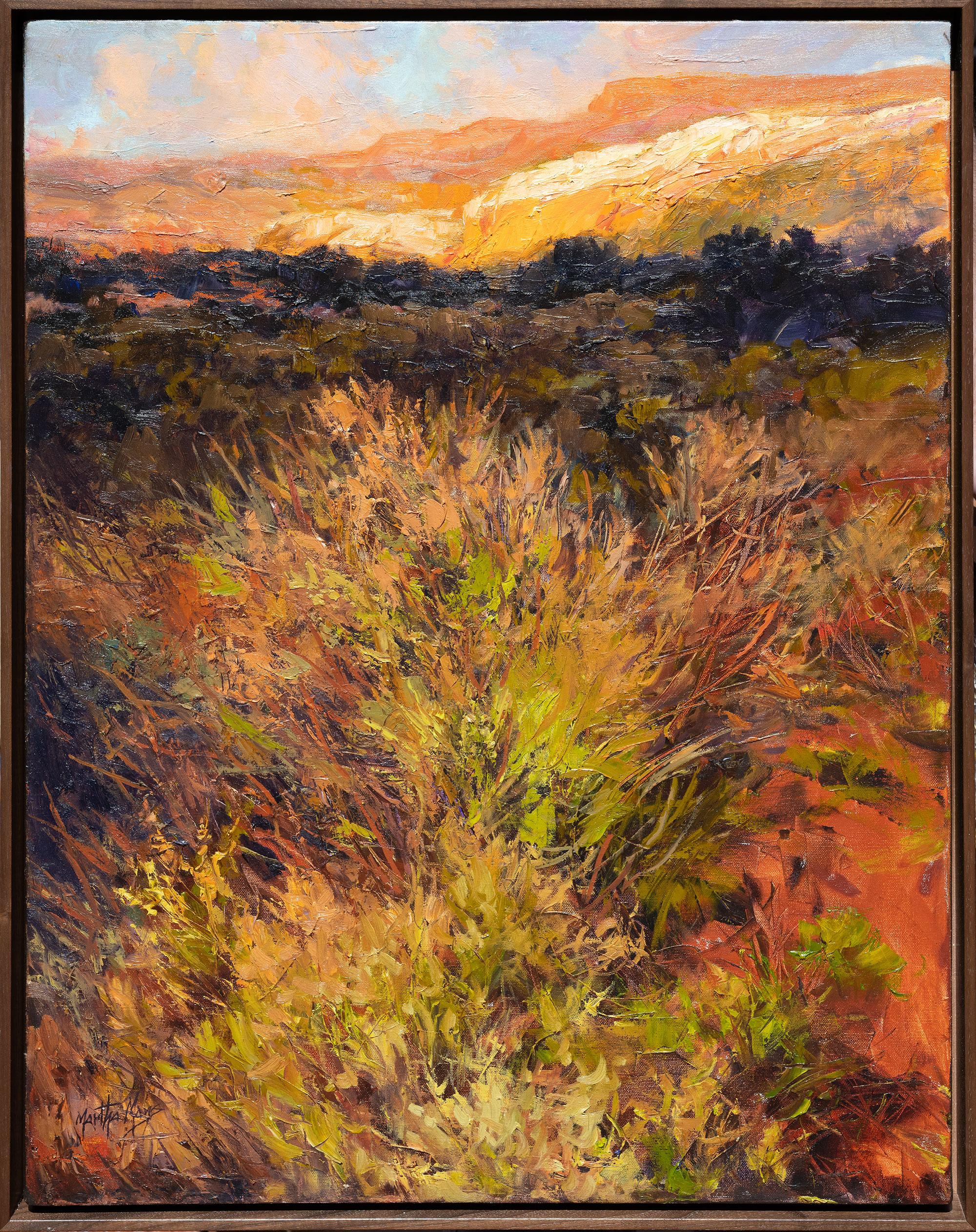 Landscape Painting di Martha Mans - Tramonto sulla River Road, dipinto a olio contemporaneo su tela, incorniciato