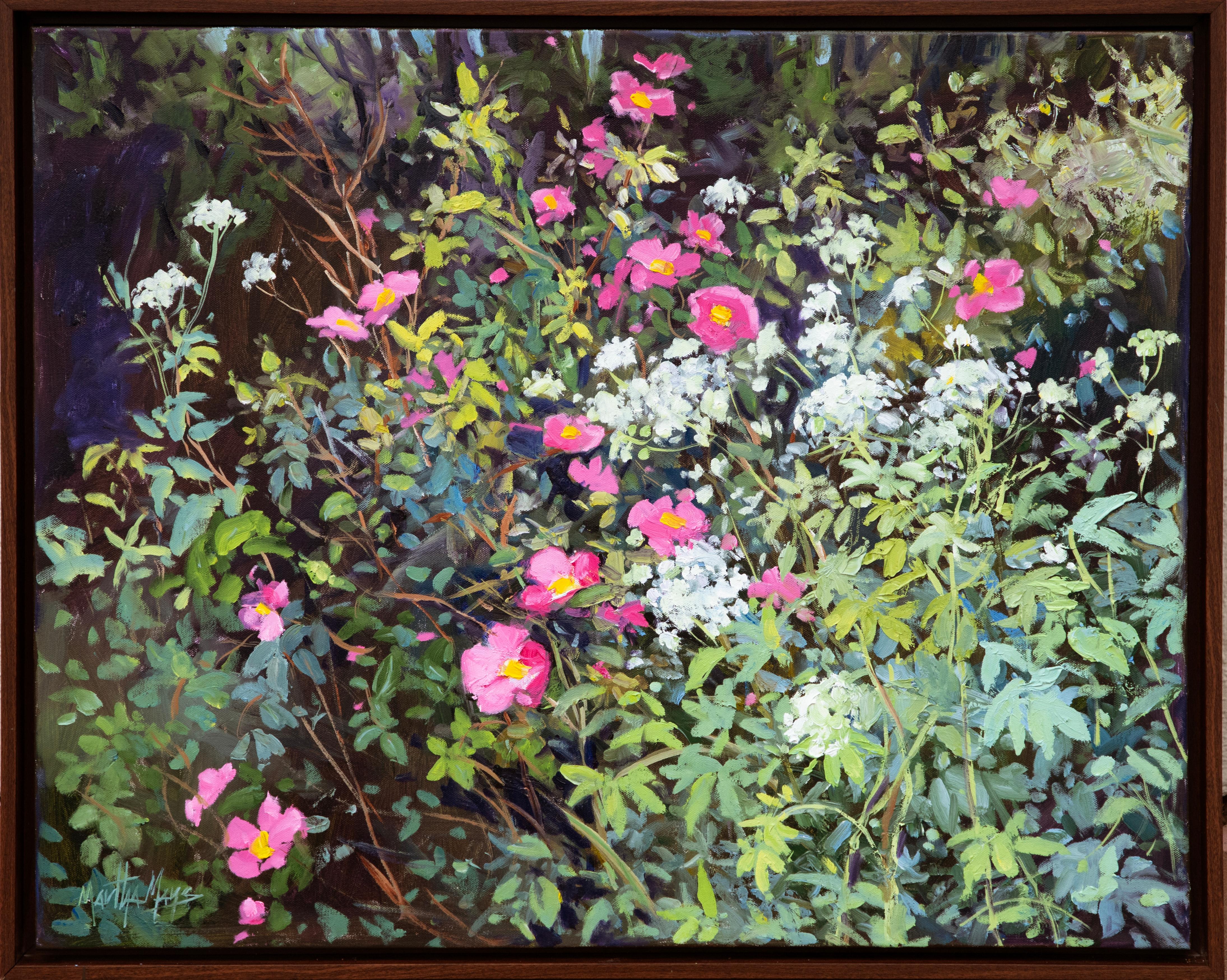 Martha Mans Landscape Painting – Wildrosen und Waldspitze
