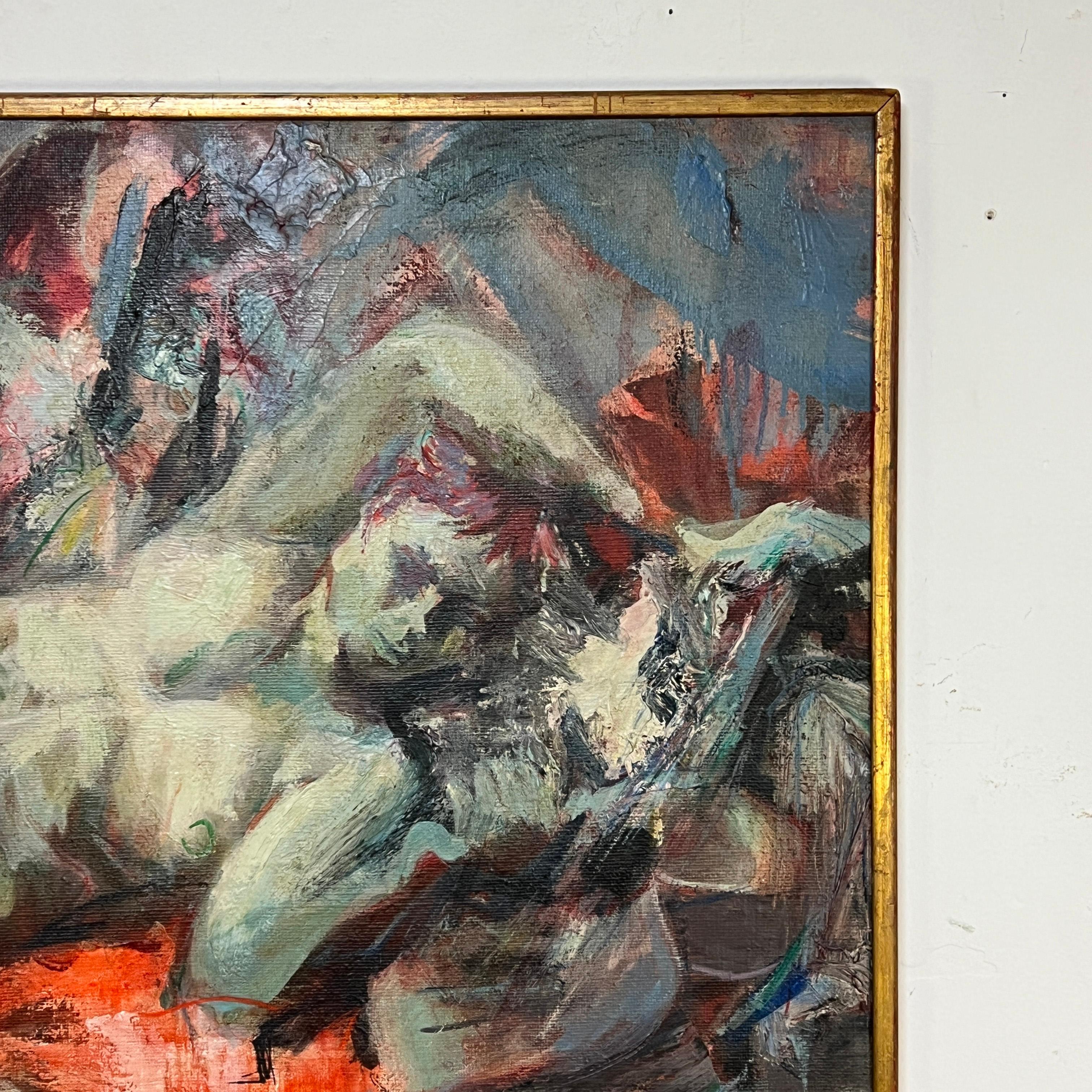 Abstraktes expressionistisches Ölgemälde eines liegenden Aktes auf Leinwand aus der Mitte des Jahrhunderts von der bekannten Künstlerin Martha Elizabeth Moore (1913-1982) aus Massachusetts. Berühmt wurde Moore in den 1960er Jahren durch ihr enorm