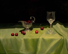 Cherries on a green Cloth - contemporary realism still life oil painting food 