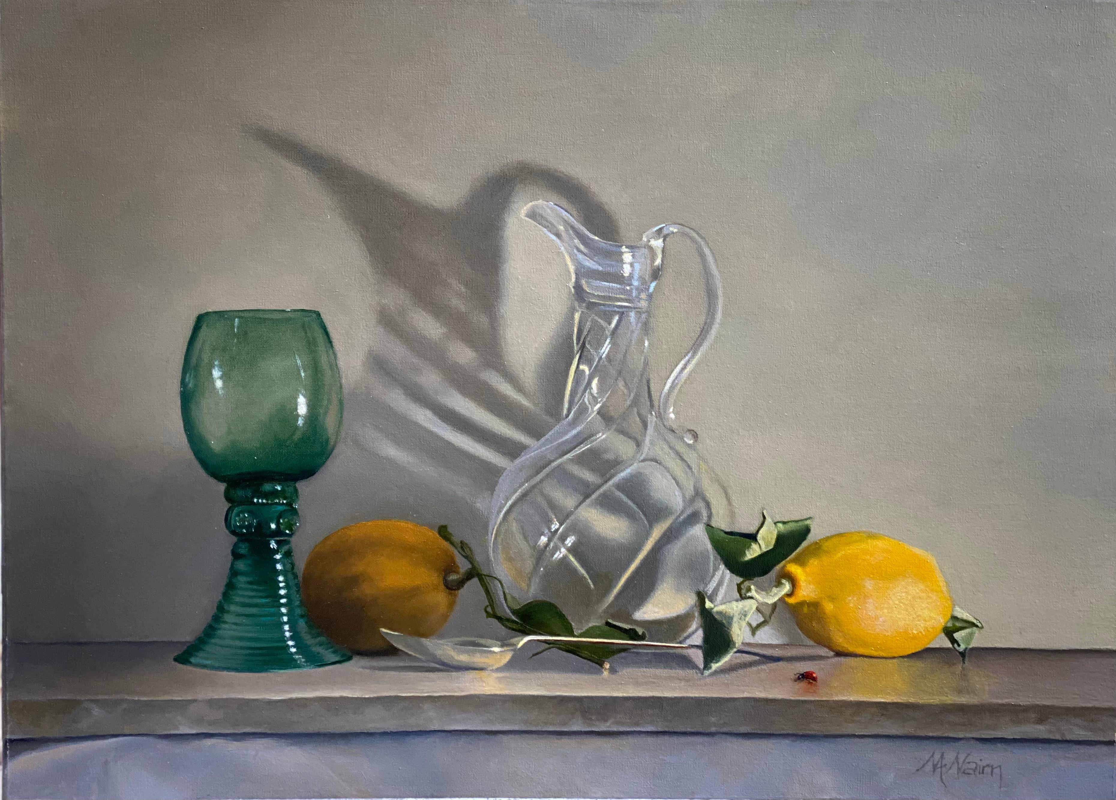 Sunday - original realism still life fruit oil painting interior modern art jug - Painting by Martha Nairn