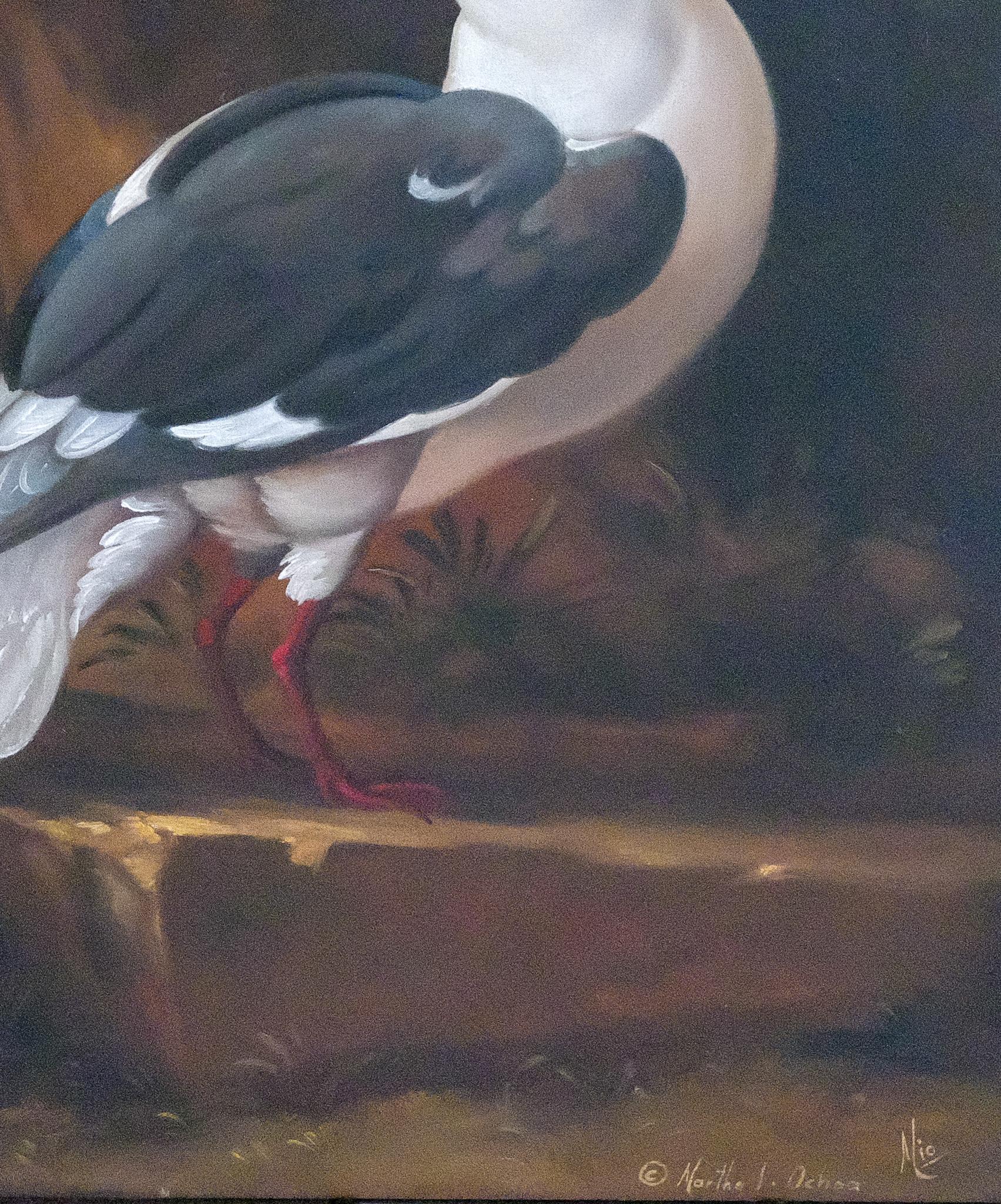 Scène de nature de style baroque avec oiseaux dans la forêt, perroquet, geai à tête blanche, vanneau - Gris Animal Painting par Martha Ochoa