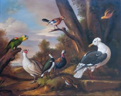 Scène de nature de style baroque avec oiseaux dans la forêt, perroquet, geai à tête blanche, vanneau
