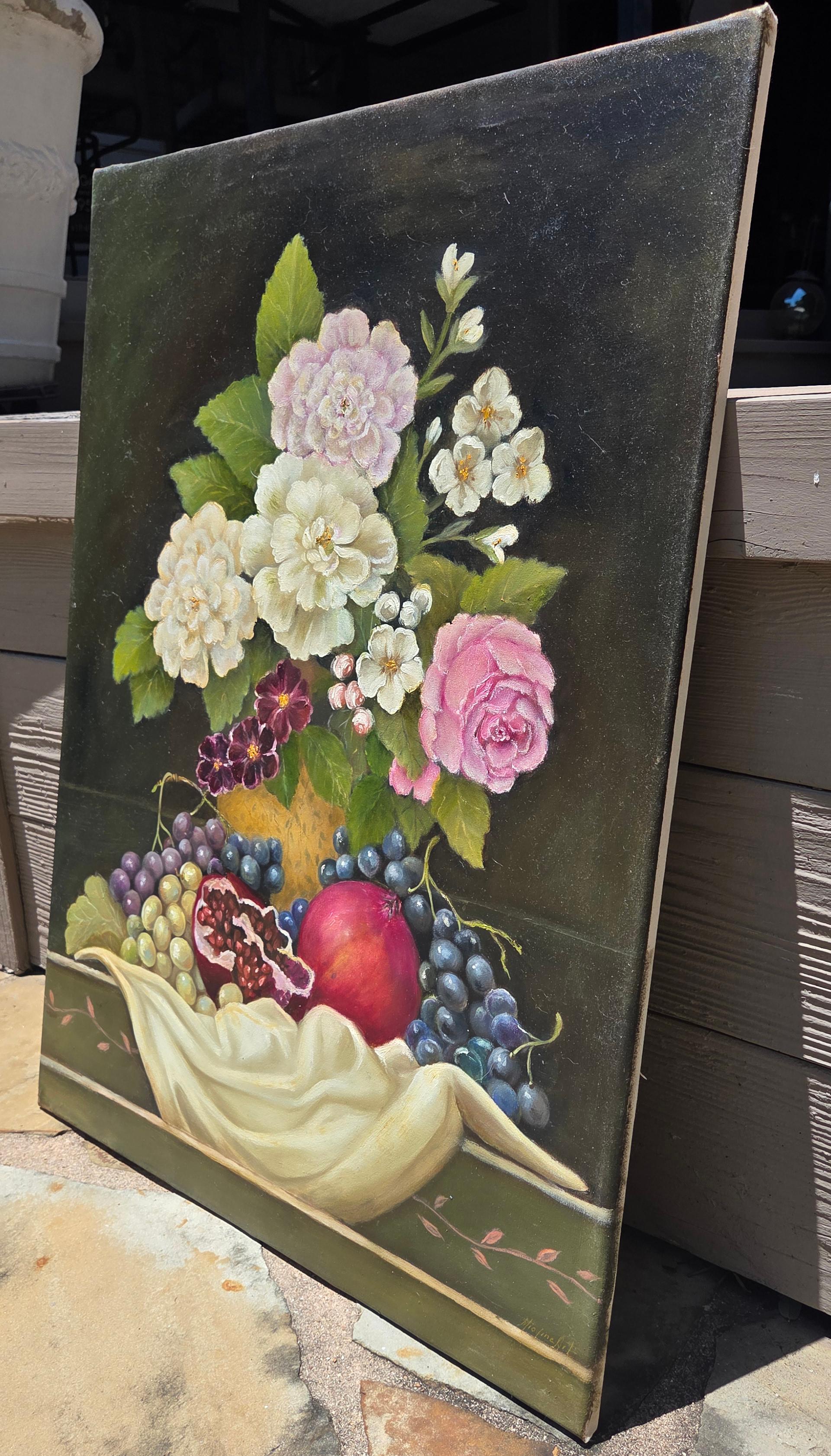 Oil on Canvas
32 x 24 inches
Unframed

 A sumptuous, Baroque style still life featuring a gold vase of delicate white and pink roses surrounded in fresh green foliage. At the base of the floral arrangement lays array of delectable fruits including